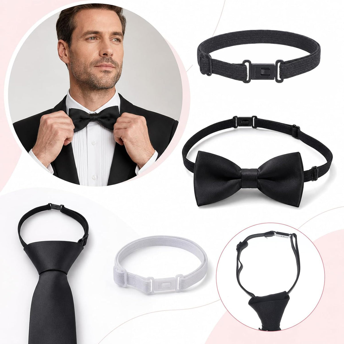 10 Pcs Bow Ties Elastic Straps with Clips, Adjustable Bow Tie Holder Elastic Band