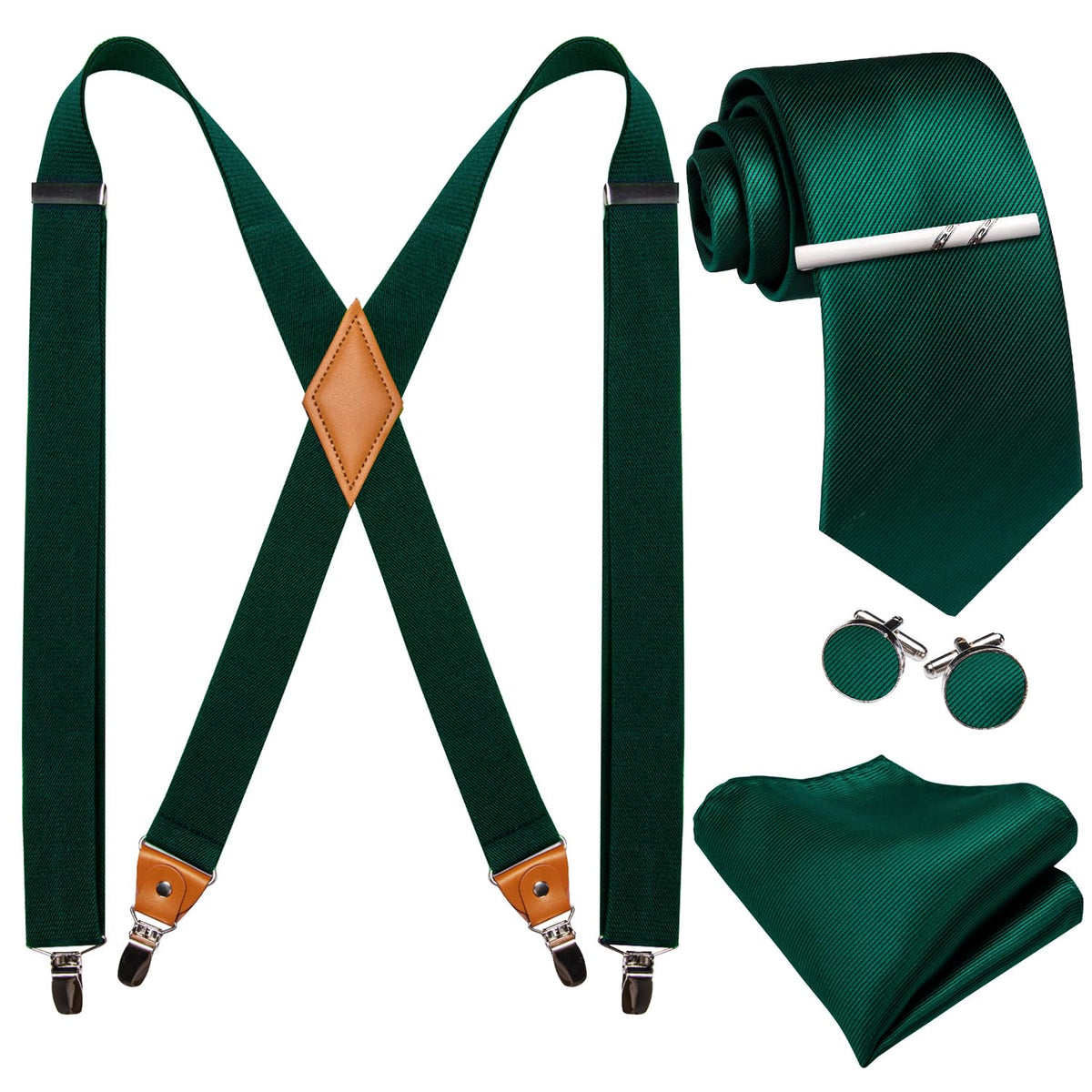 Barry.Wang Men Suspender Tie Sets Elastic Heavy 6 Clips Hanky Cufflink 5PCS