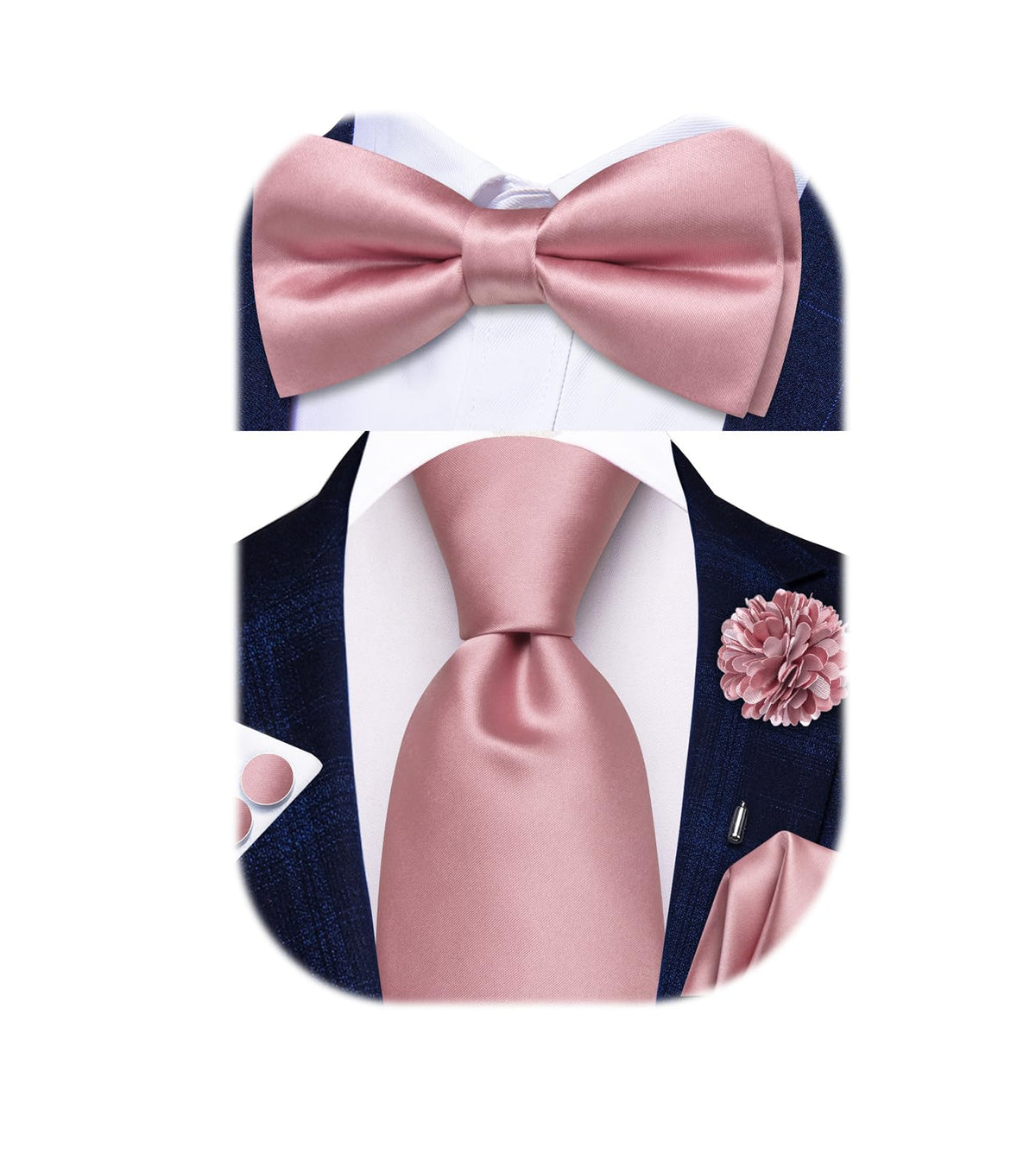 5Pcs Mens Solid Tie Satin Bowtie Lapel Pin Handkerchief Cufflink