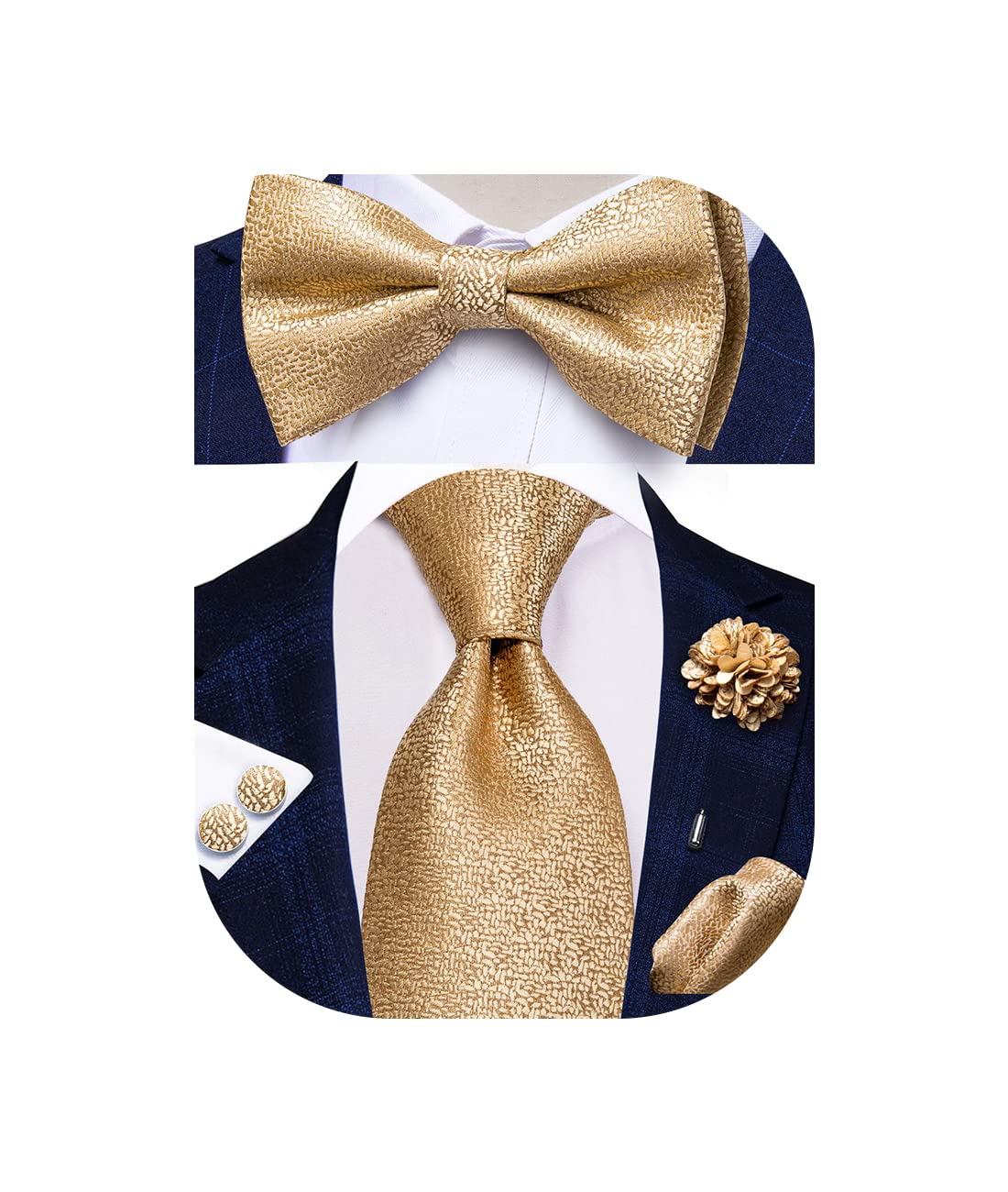 5Pcs Mens Solid Tie Satin Bowtie Lapel Pin Handkerchief Cufflink