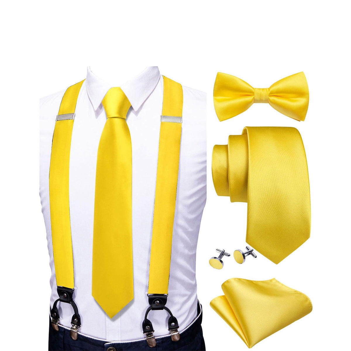 YOHOWA Suspenders for Men Tie Bowtie Set Adjustable Brace Handkerchief Cufflinks Strong Clip Elastic Band Wedding Party