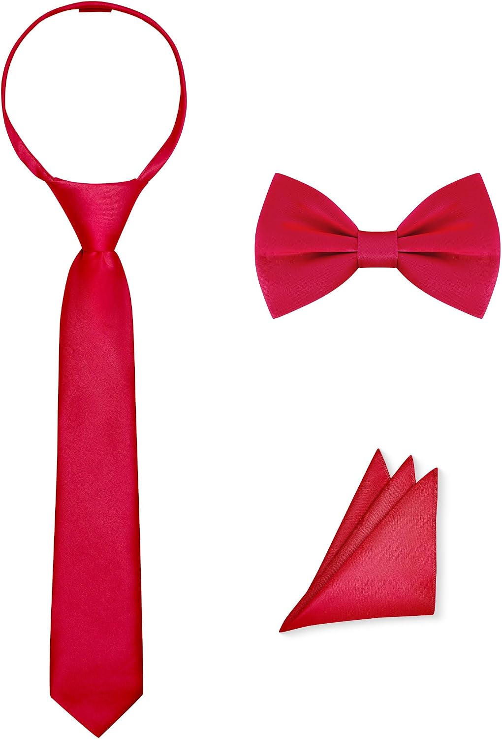 Pre-Tied Boys Set: Necktie, Bow Tie, Pocket Square | Adjustable Zipper Tie | Stain Formal Wear for Wedding Party