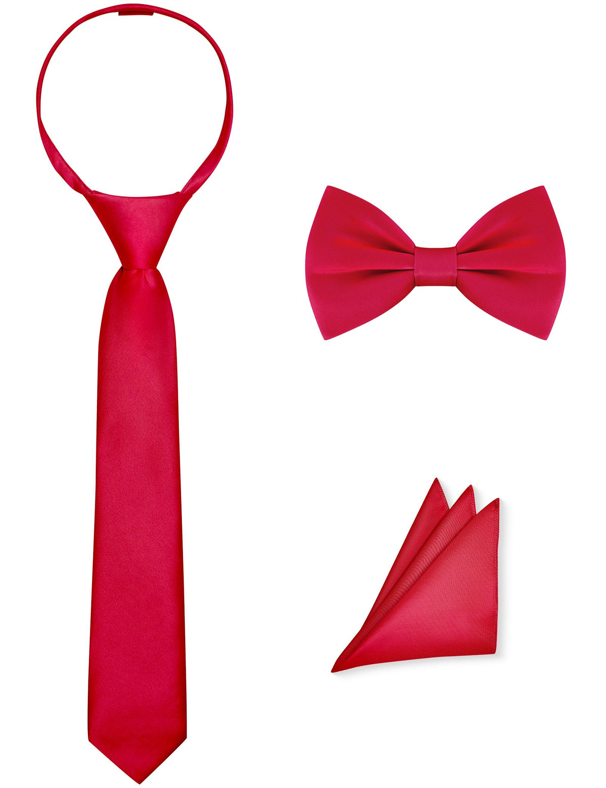 Pre-Tied Boys Set: Necktie, Bow Tie, Pocket Square | Adjustable Zipper Tie | Stain Formal Wear for Wedding Party
