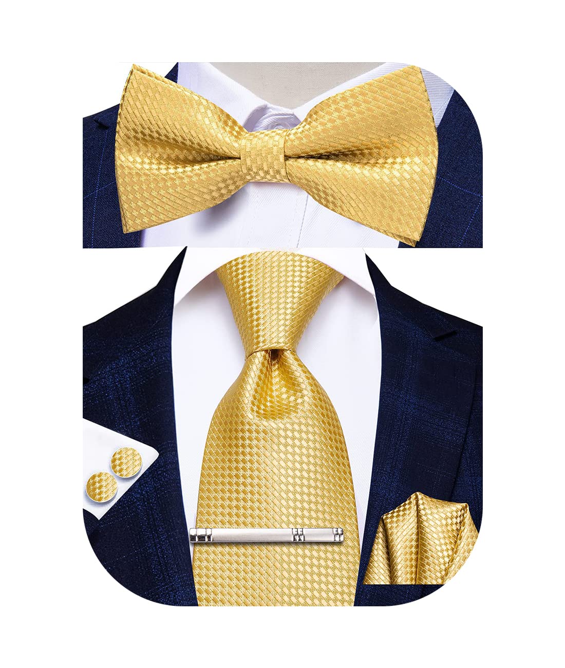 5Pcs Mens Solid Tie Satin Bowtie Lapel Pin Handkerchief Cufflink