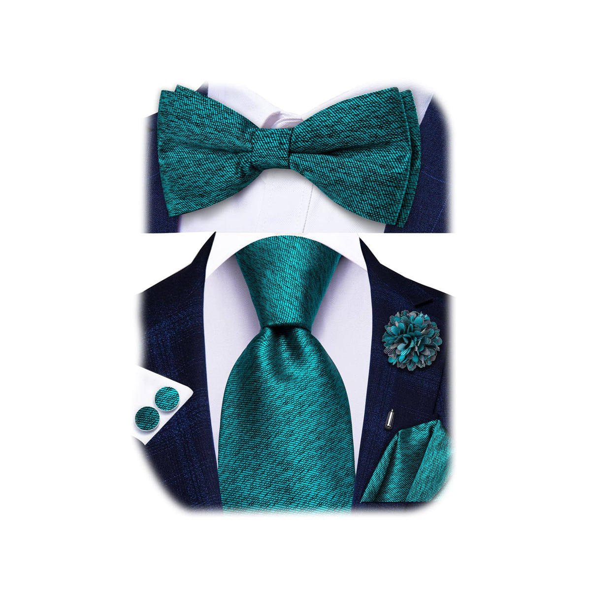 5Pcs Mens Solid Tie Satin Bowtie Lapel Pin Handkerchief Cufflink