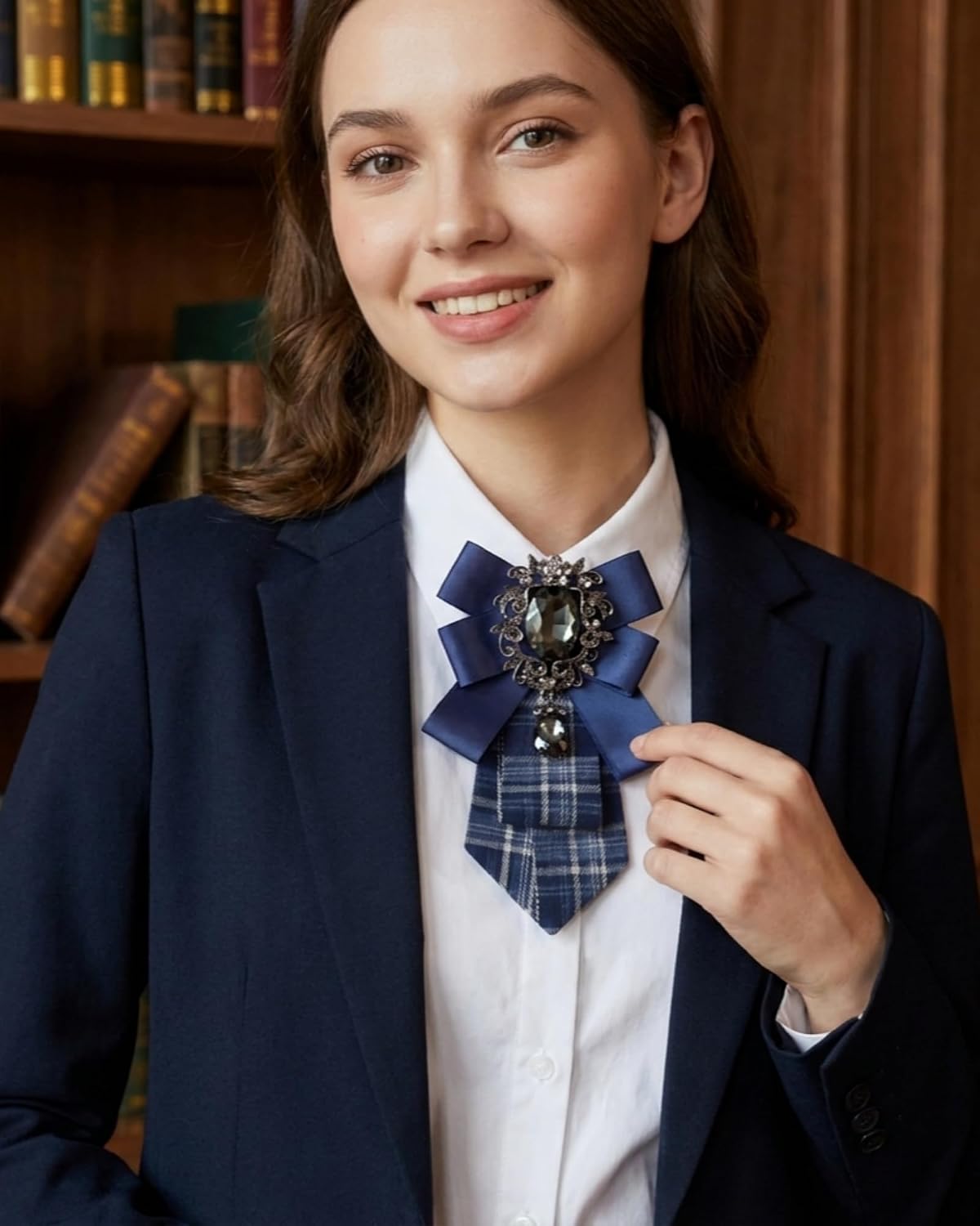 Bow Ties for Women Vintage, Adjustable Rhinestone Neck Tie with Big Crystal, Striped Pre-Tied Necktie for School