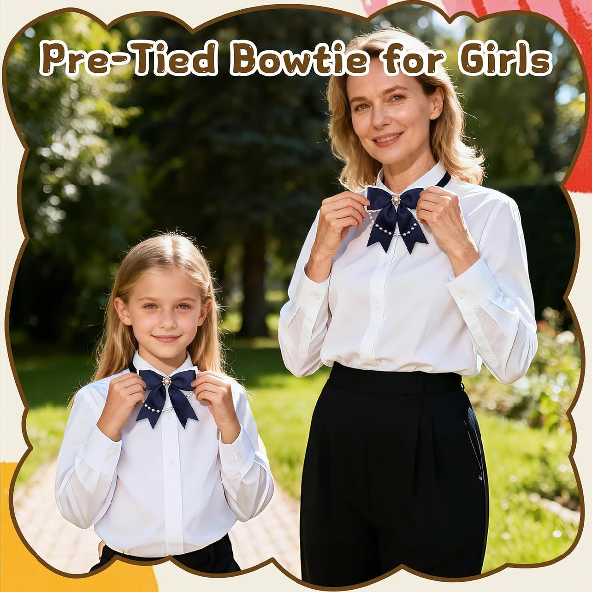 LJBFNN Black Bow Tie for Girls Women, School Girl Ties with Pearls Adjustable Pre-tied Kids Bowtie for Uniform Blouse Costume