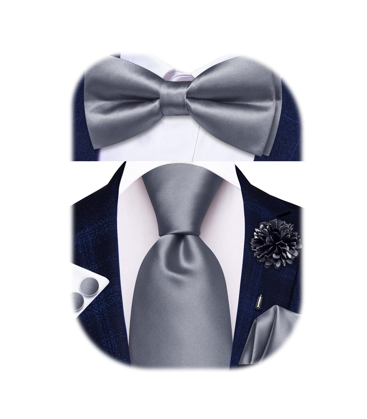 5Pcs Mens Solid Tie Satin Bowtie Lapel Pin Handkerchief Cufflink