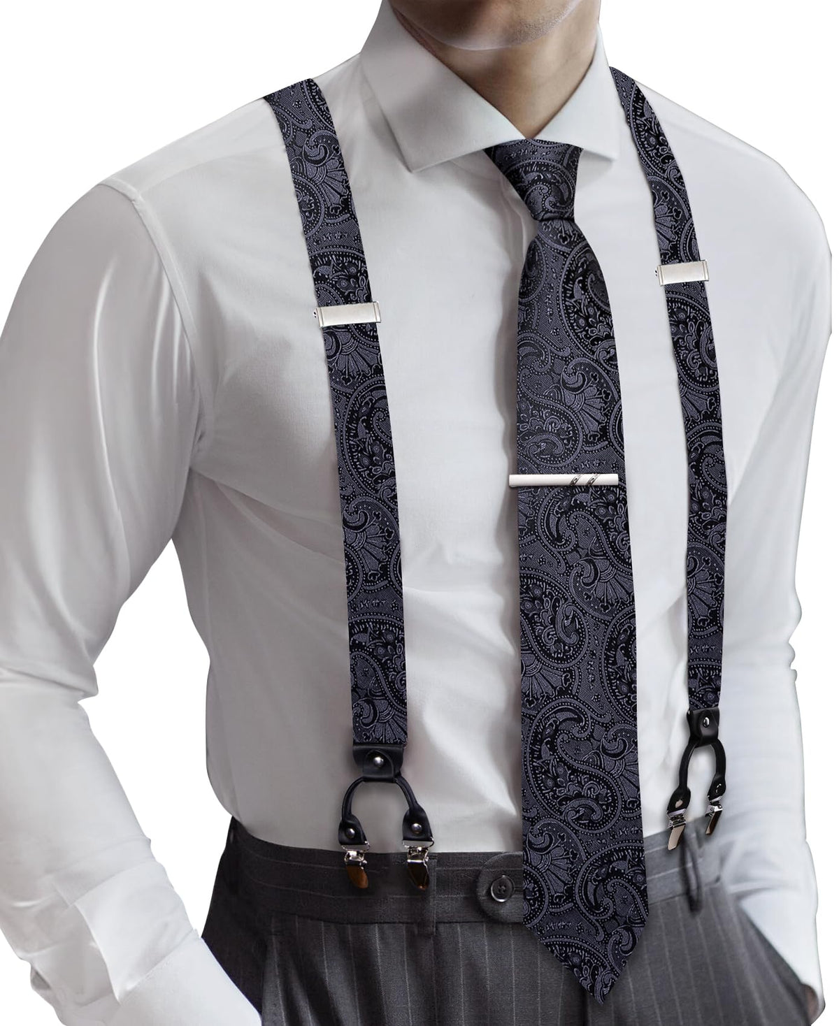 Barry.Wang Men Suspender Tie Sets Elastic Heavy 6 Clips Hanky Cufflink 5PCS