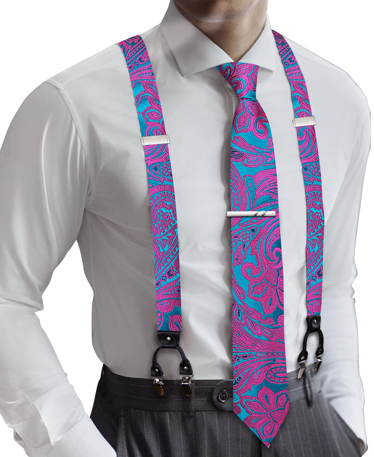 Barry.Wang Men Suspender Tie Sets Elastic Heavy 6 Clips Hanky Cufflink 5PCS