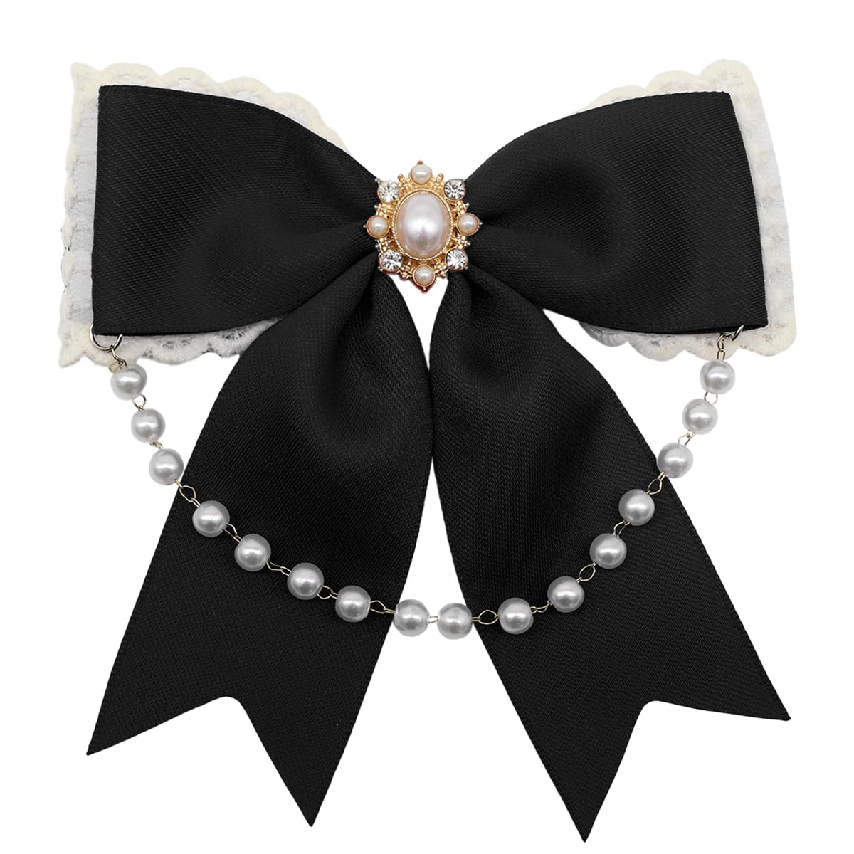 LJBFNN Black Bow Tie for Girls Women, School Girl Ties with Pearls Adjustable Pre-tied Kids Bowtie for Uniform Blouse Costume