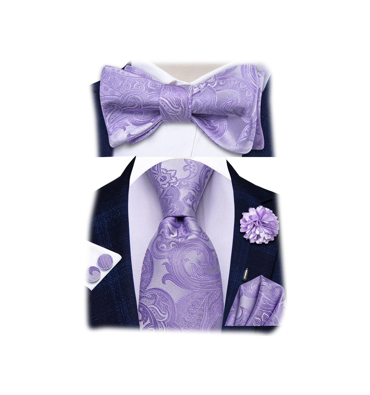 5Pcs Mens Solid Tie Satin Bowtie Lapel Pin Handkerchief Cufflink