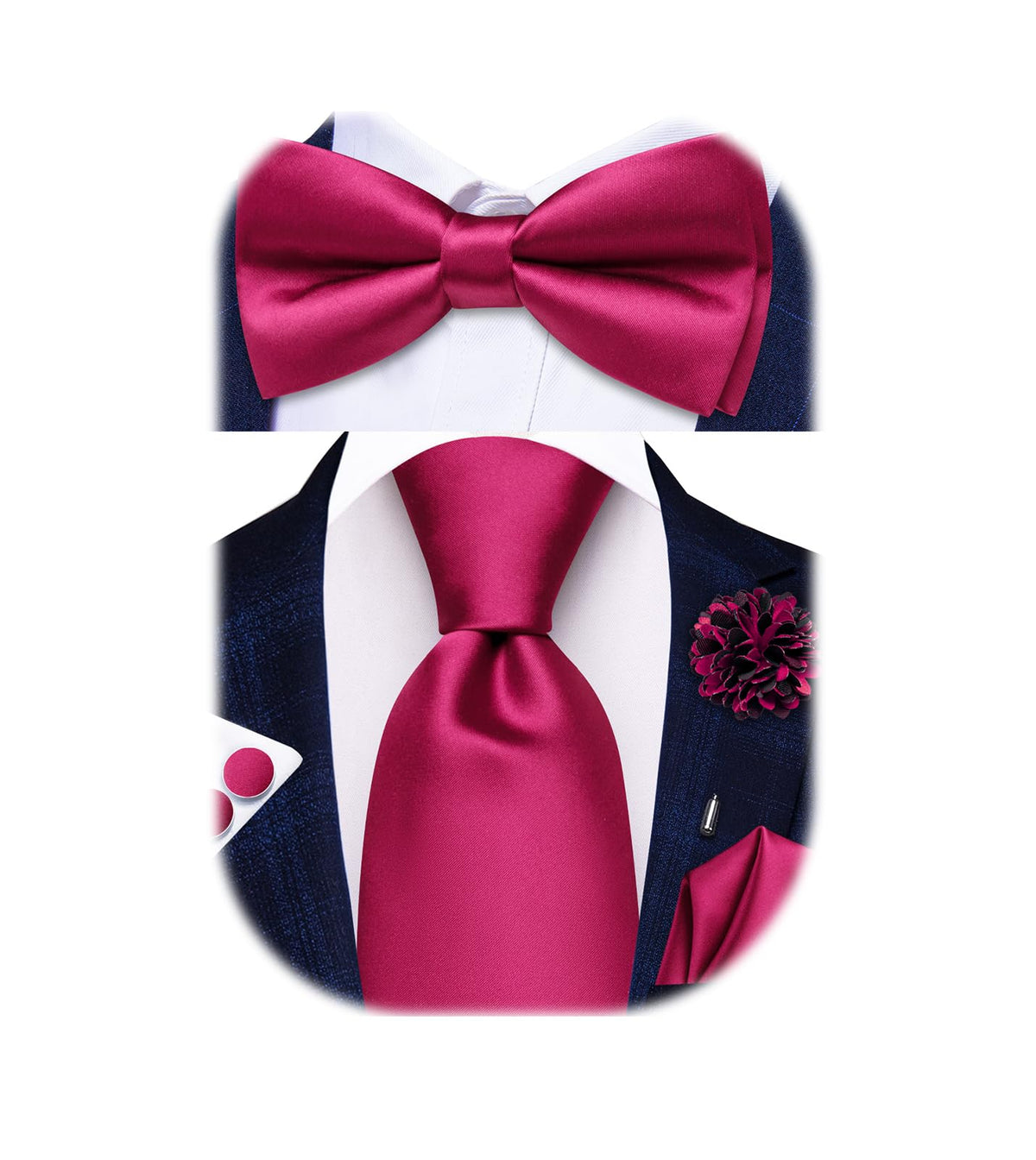 5Pcs Mens Solid Tie Satin Bowtie Lapel Pin Handkerchief Cufflink