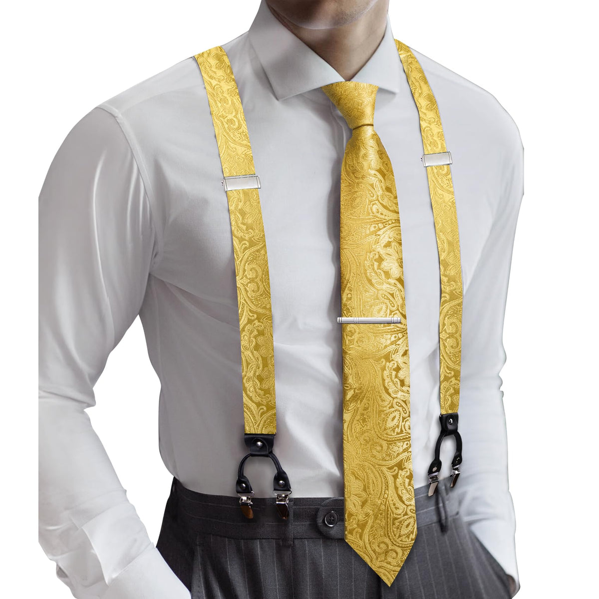 Barry.Wang Men Suspender Tie Sets Elastic Heavy 6 Clips Hanky Cufflink 5PCS