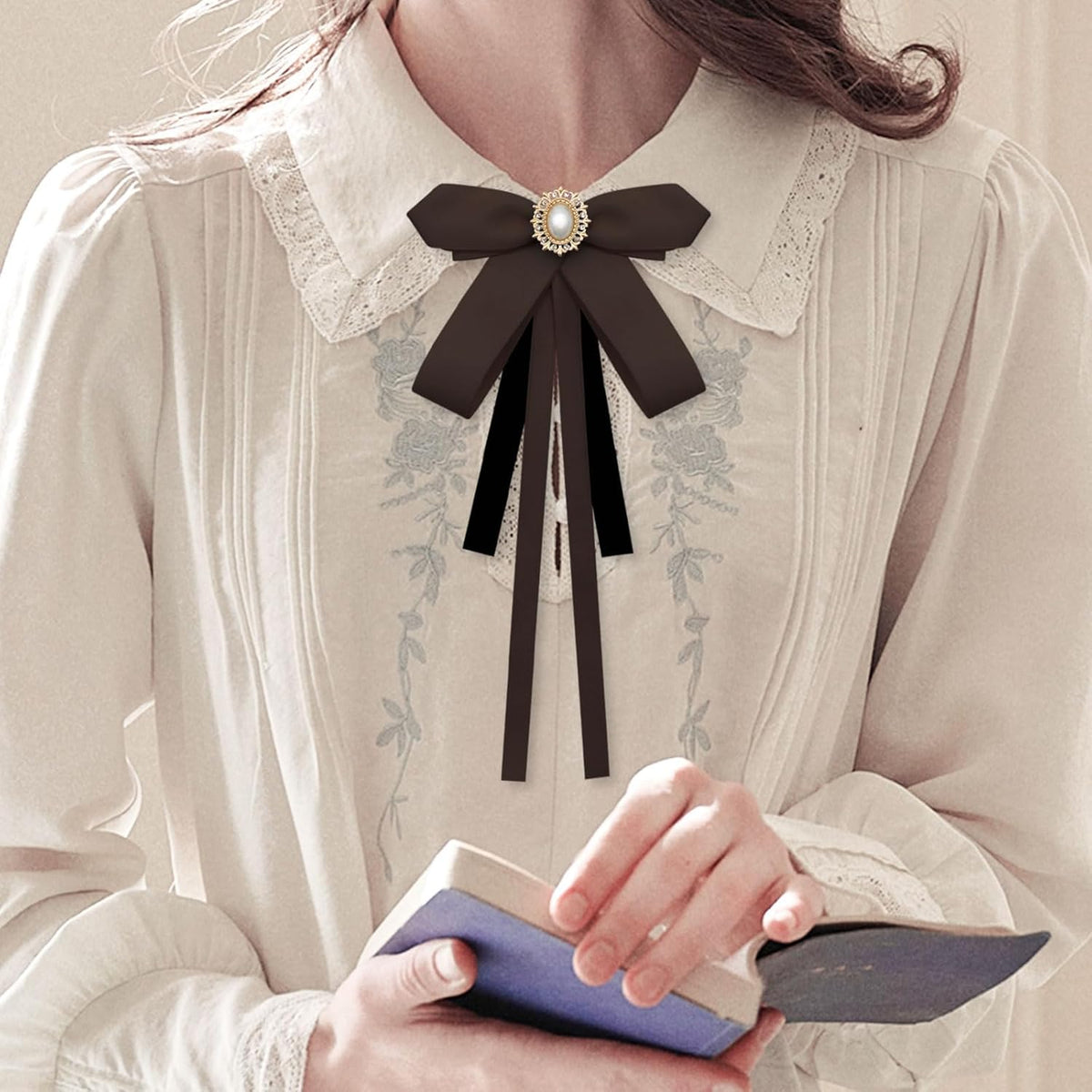 Mantieqingway Bow Ties for Women, Ribbon Uniform Pre-Tied Adjustable Bowknot Womens Bowtie for Party School Pearl Accessories