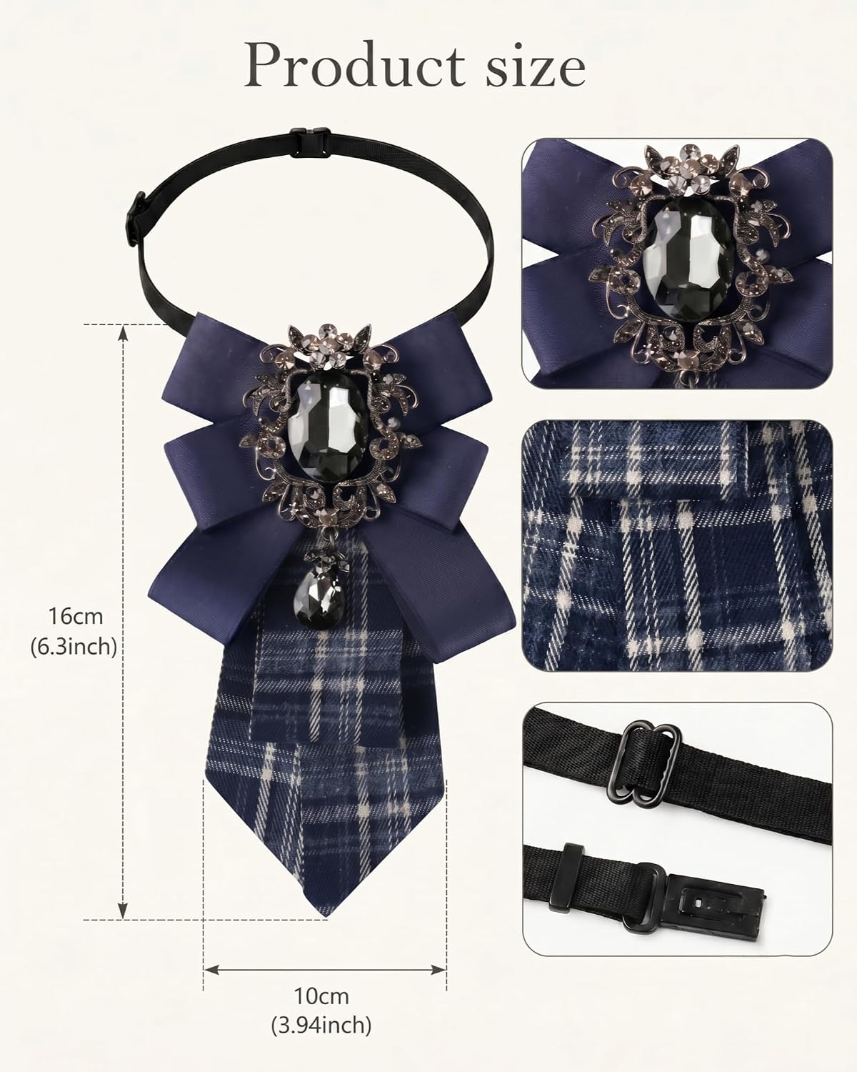 Bow Ties for Women Vintage, Adjustable Rhinestone Neck Tie with Big Crystal, Striped Pre-Tied Necktie for School