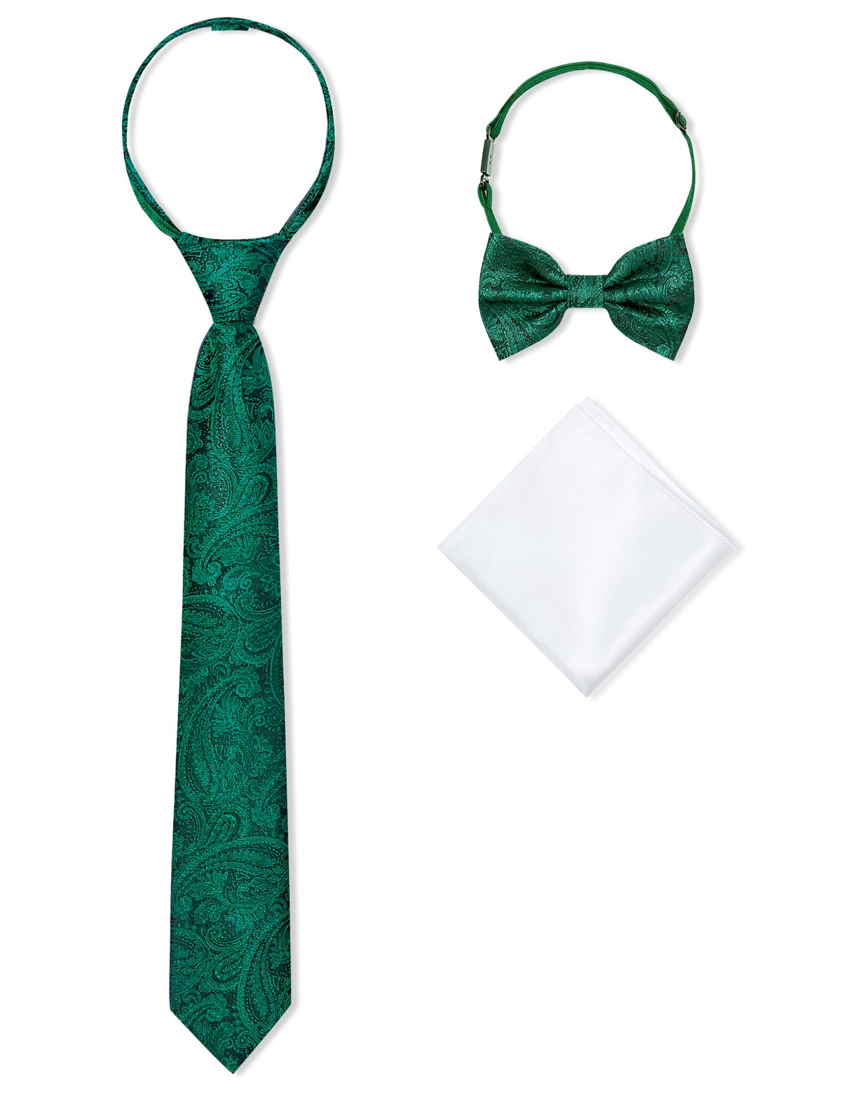 Boys Pre-tied Zipper Tie Elastic Strap Bowtie and Pocket Square 3-piece For Age 1-16 Years With Gift Box