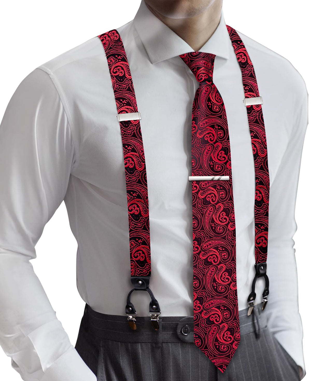 Barry.Wang Men Suspender Tie Sets Elastic Heavy 6 Clips Hanky Cufflink 5PCS