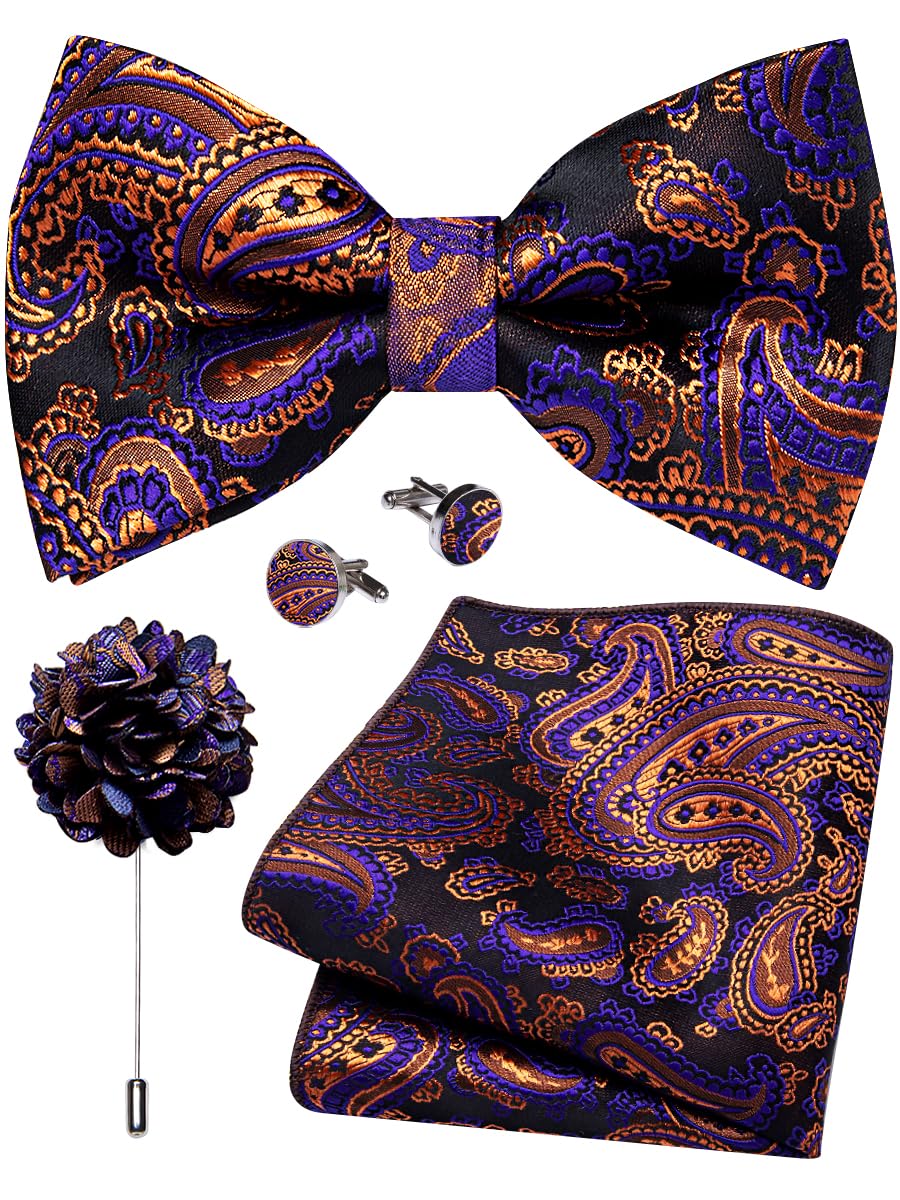 YourTies Silk Bow Ties for Men Pre-Tied Adjustable Paisley Bowtie Set