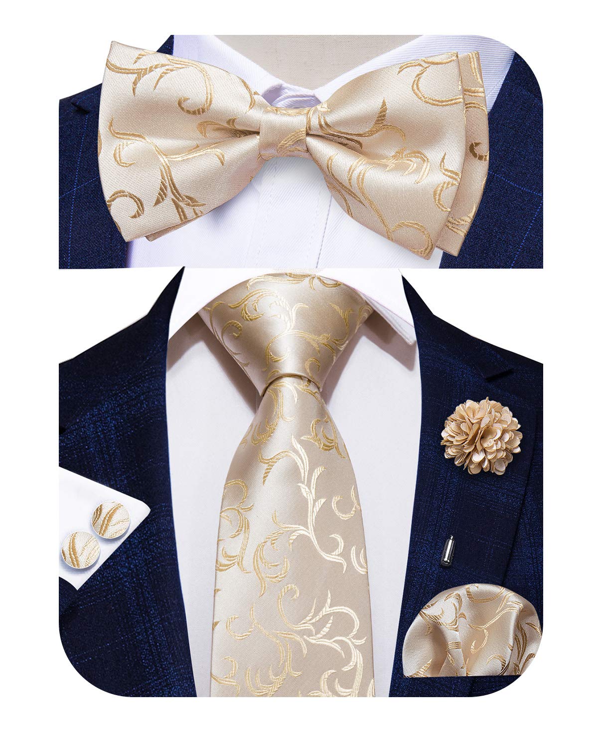 5Pcs Mens Solid Tie Satin Bowtie Lapel Pin Handkerchief Cufflink