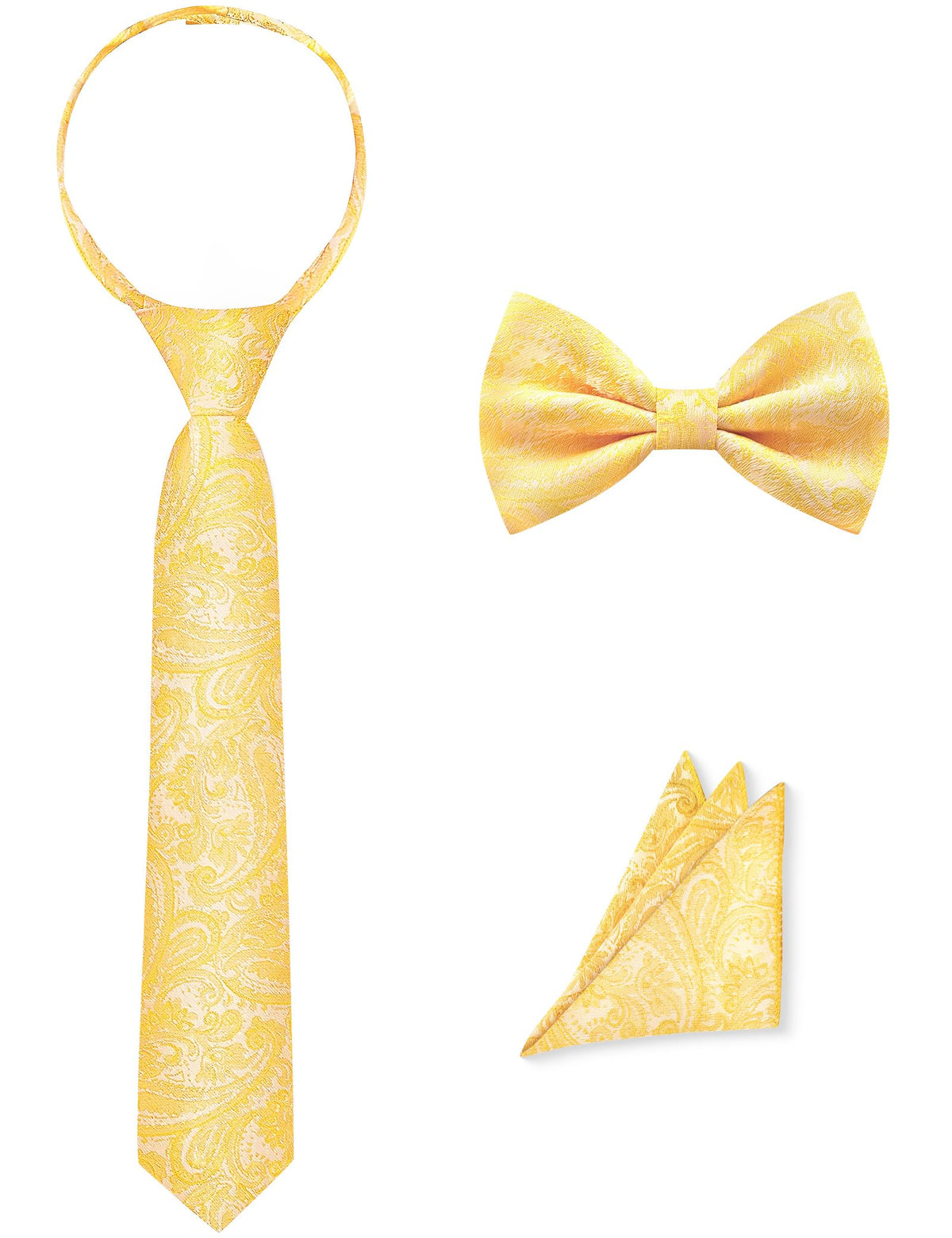 Pre-Tied Boys Set: Necktie, Bow Tie, Pocket Square | Adjustable Zipper Tie | Stain Formal Wear for Wedding Party