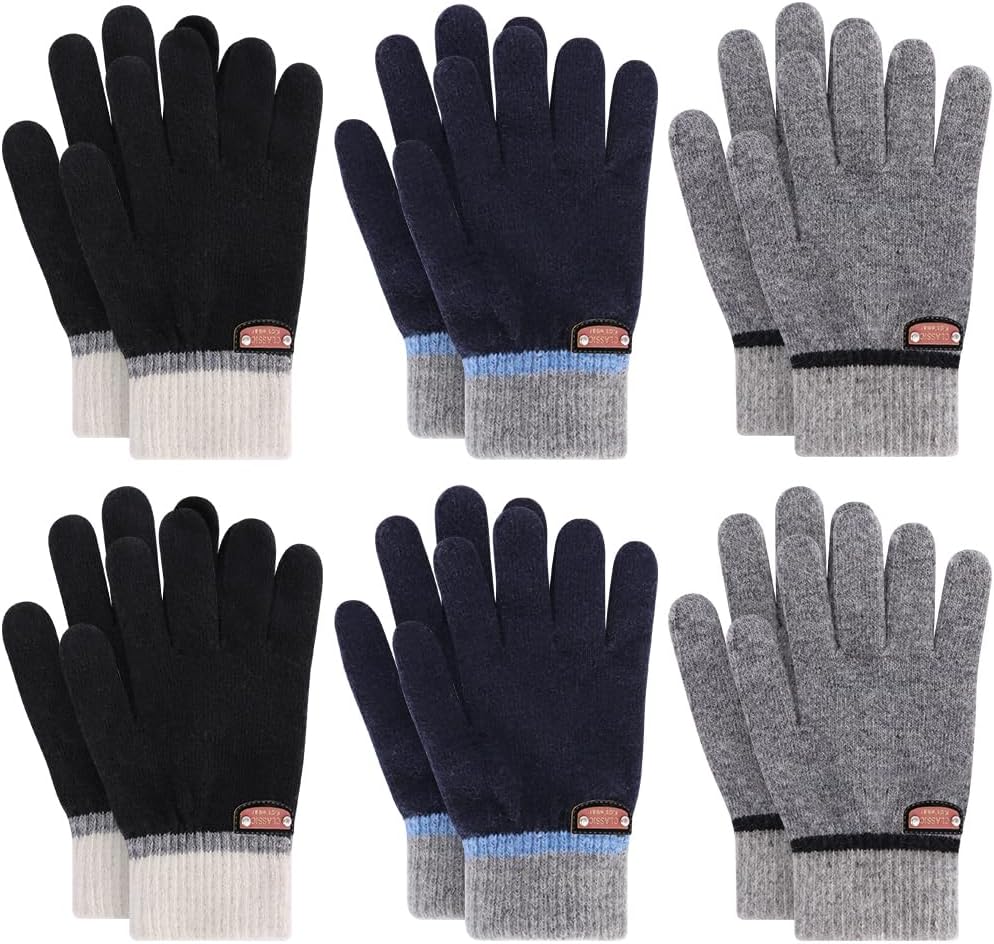 6 Pairs of Kids Gloves Boys Winter Gloves Stretchy Full Fingers Knitted Gloves Wool Fleece Lined Mittens