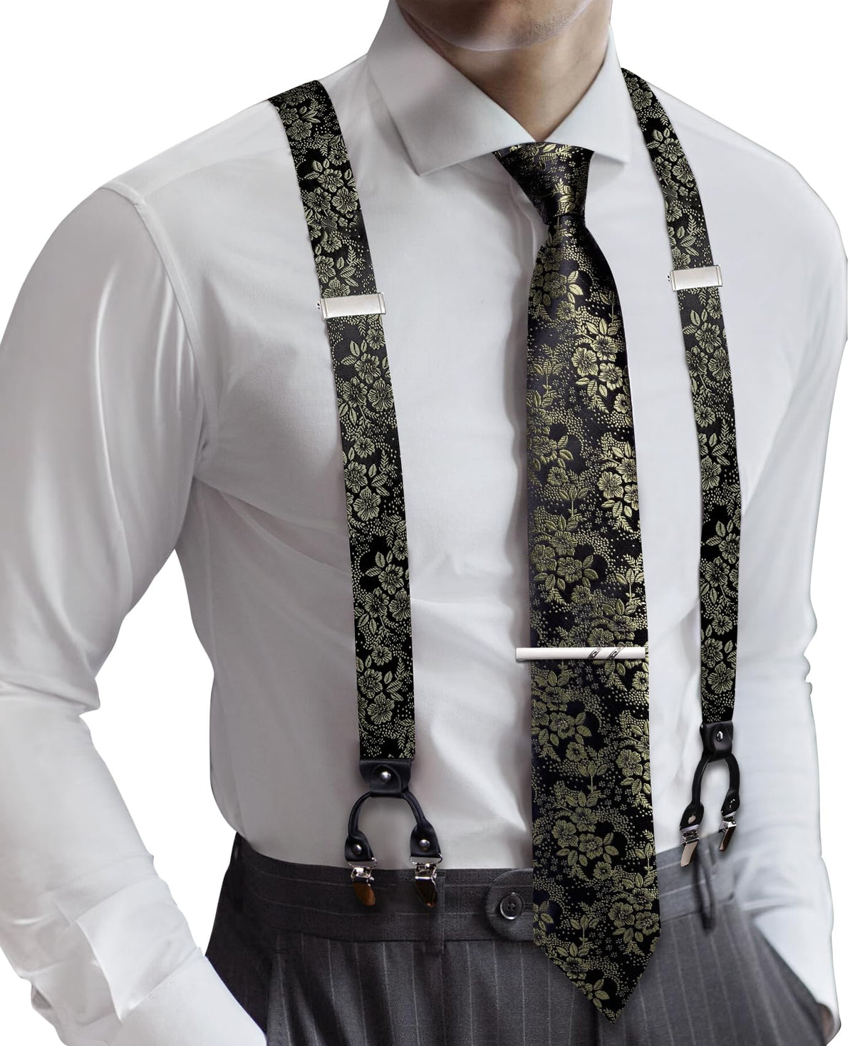 Barry.Wang Men Suspender Tie Sets Elastic Heavy 6 Clips Hanky Cufflink 5PCS