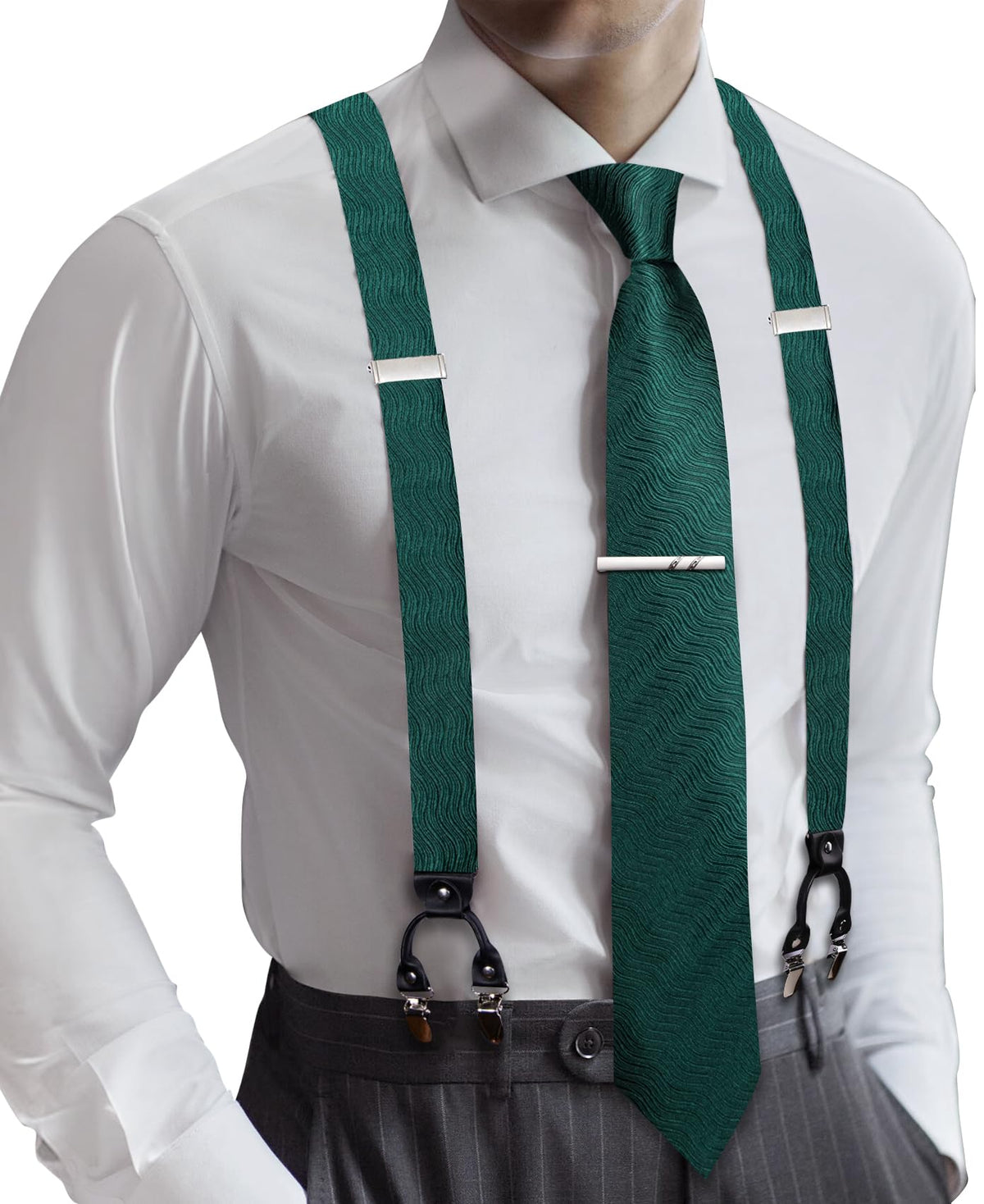 Barry.Wang Men Suspender Tie Sets Elastic Heavy 6 Clips Hanky Cufflink 5PCS