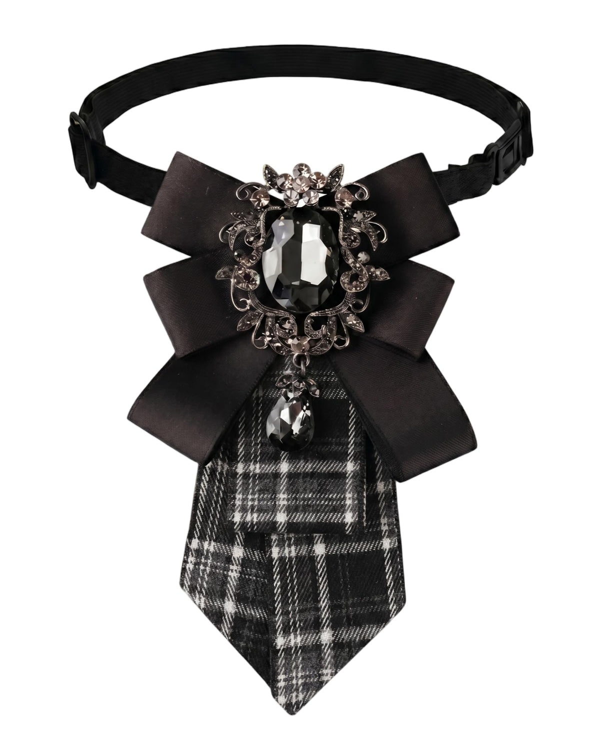 Bow Ties for Women Vintage, Adjustable Rhinestone Neck Tie with Big Crystal, Striped Pre-Tied Necktie for School