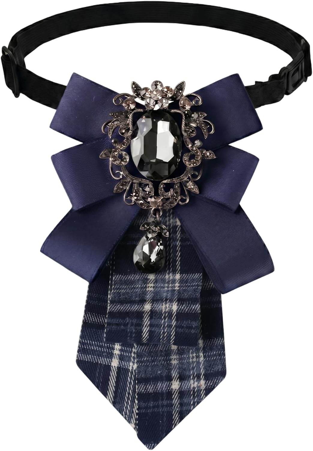Bow Ties for Women Vintage, Adjustable Rhinestone Neck Tie with Big Crystal, Striped Pre-Tied Necktie for School