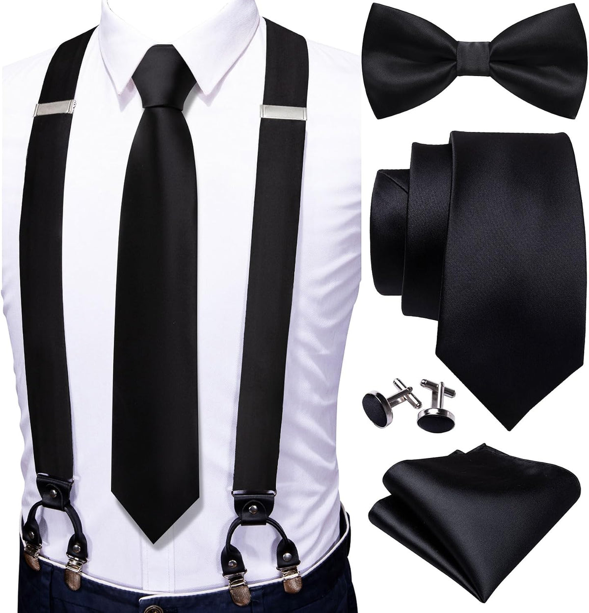 YOHOWA Suspenders for Men Tie Bowtie Set Adjustable Brace Handkerchief Cufflinks Strong Clip Elastic Band Wedding Party