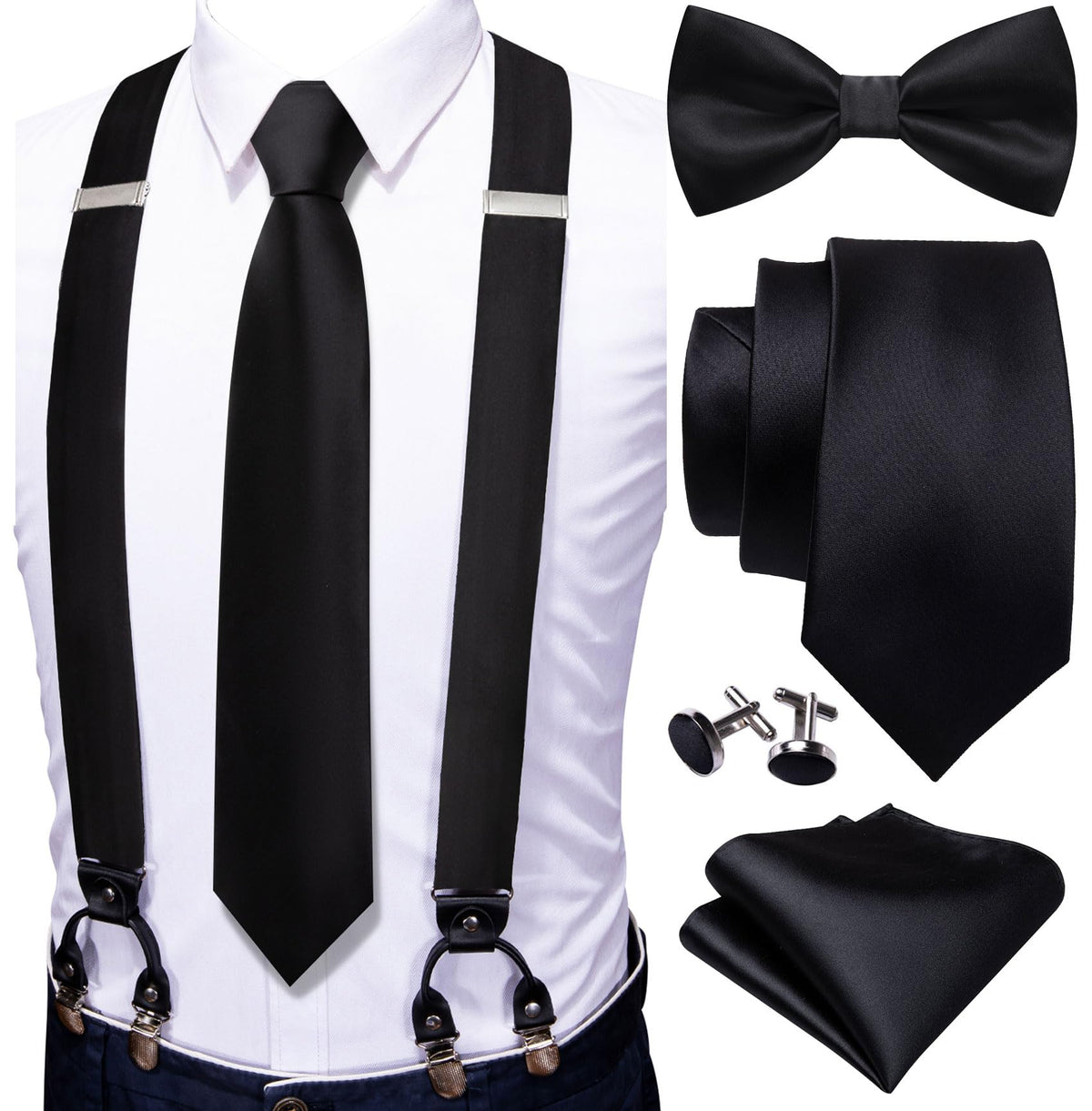 YOHOWA Suspenders for Men Tie Bowtie Set Adjustable Brace Handkerchief Cufflinks Strong Clip Elastic Band Wedding Party