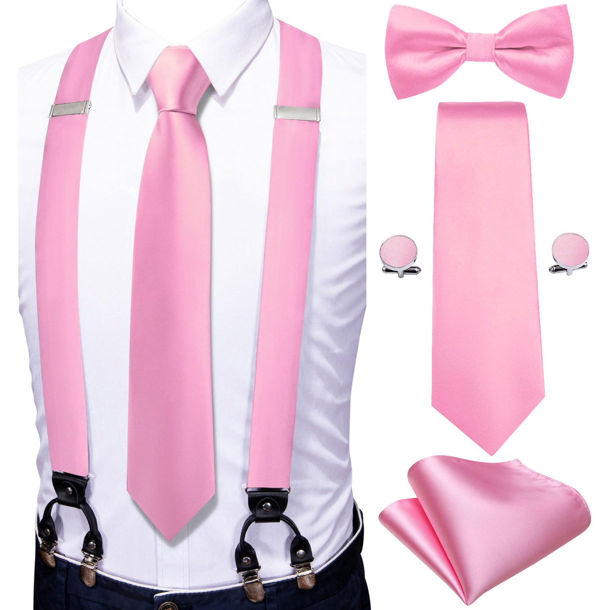 YOHOWA Suspenders for Men Tie Bowtie Set Adjustable Brace Handkerchief Cufflinks Strong Clip Elastic Band Wedding Party