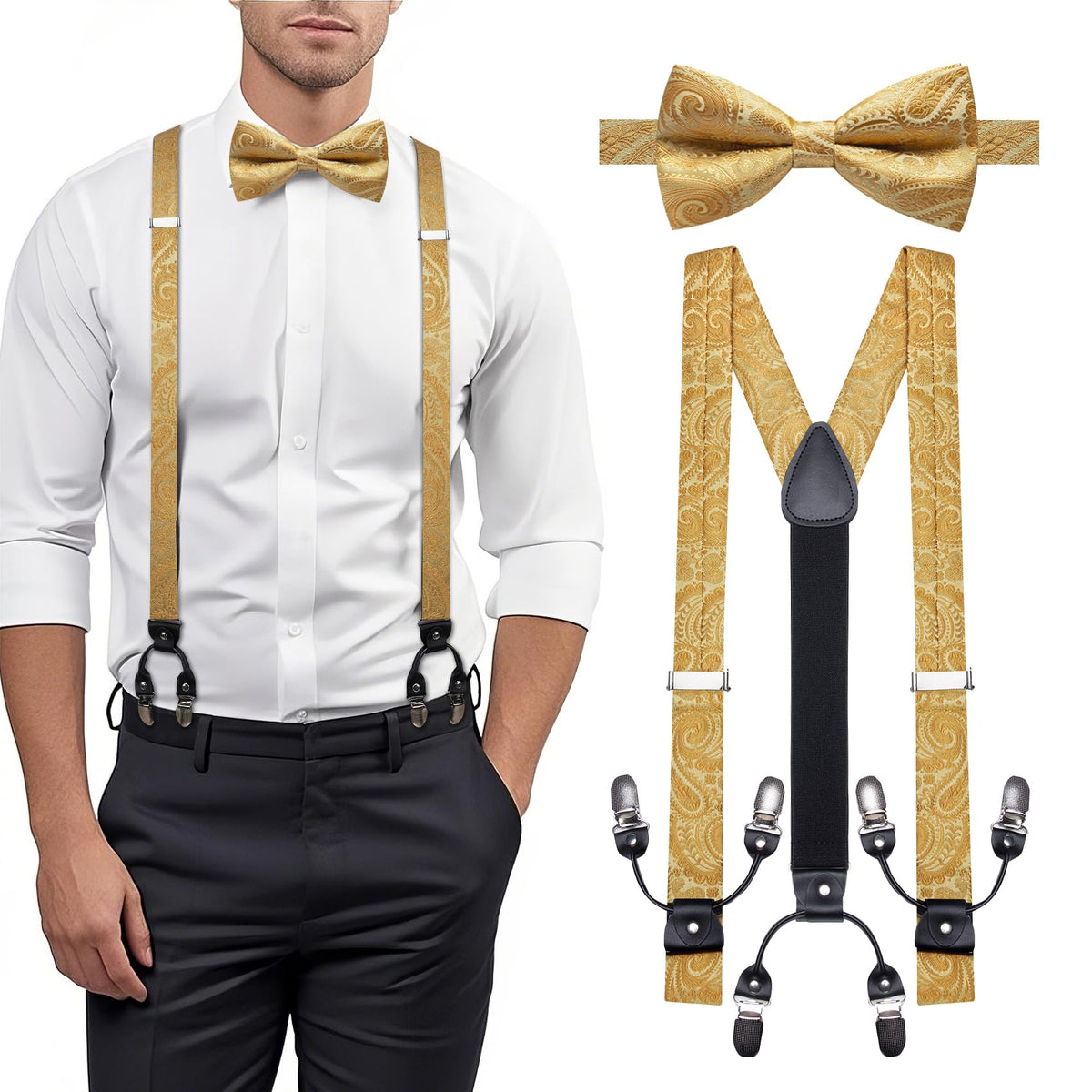 YOHOWA Suspenders for Men Tie Bowtie Set Adjustable Brace Handkerchief Cufflinks Strong Clip Elastic Band Wedding Party