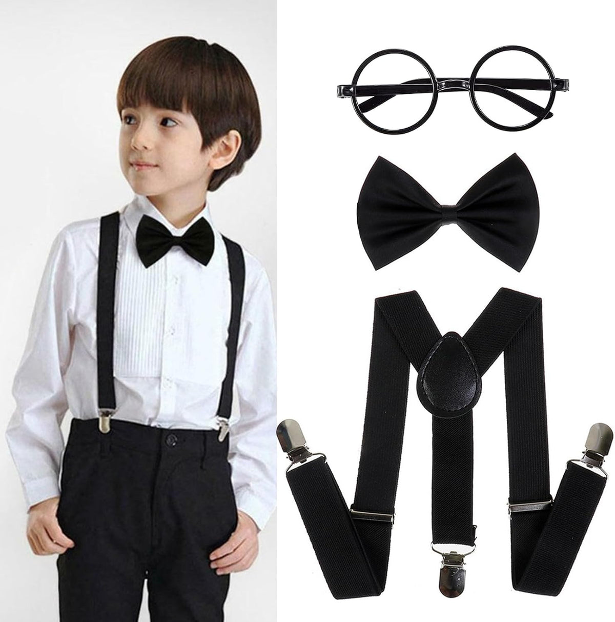 Child Kids Suspenders Bowtie Set with Glasses,for Boys and Girls