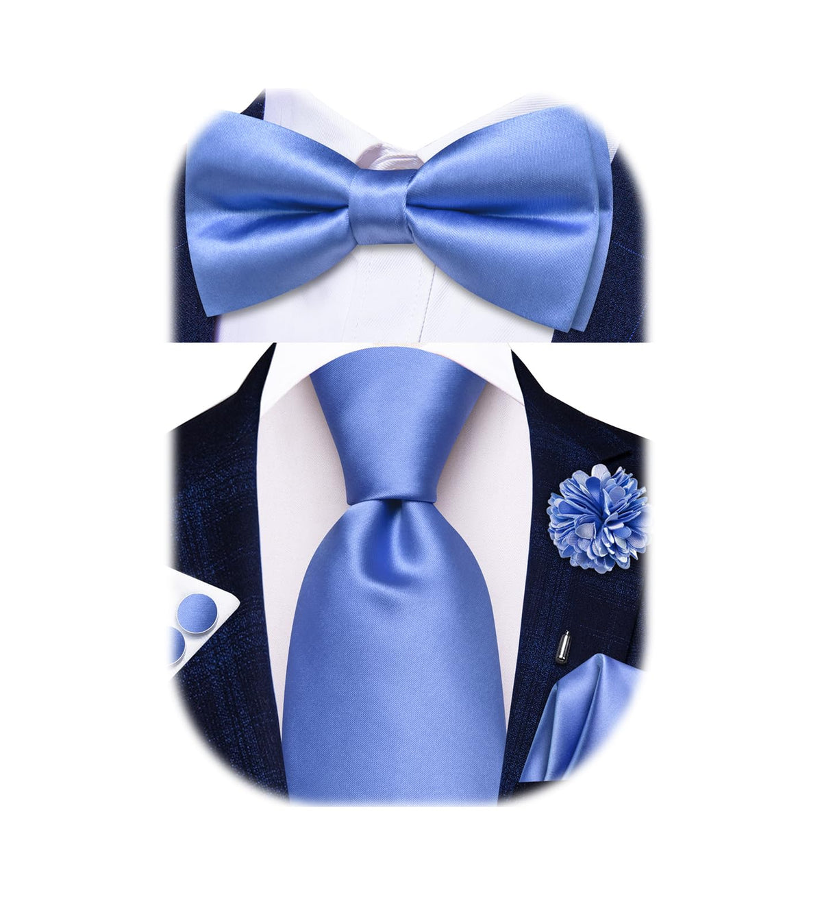5Pcs Mens Solid Tie Satin Bowtie Lapel Pin Handkerchief Cufflink