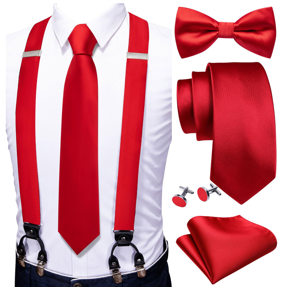 YOHOWA Suspenders for Men Tie Bowtie Set Adjustable Brace Handkerchief Cufflinks Strong Clip Elastic Band Wedding Party