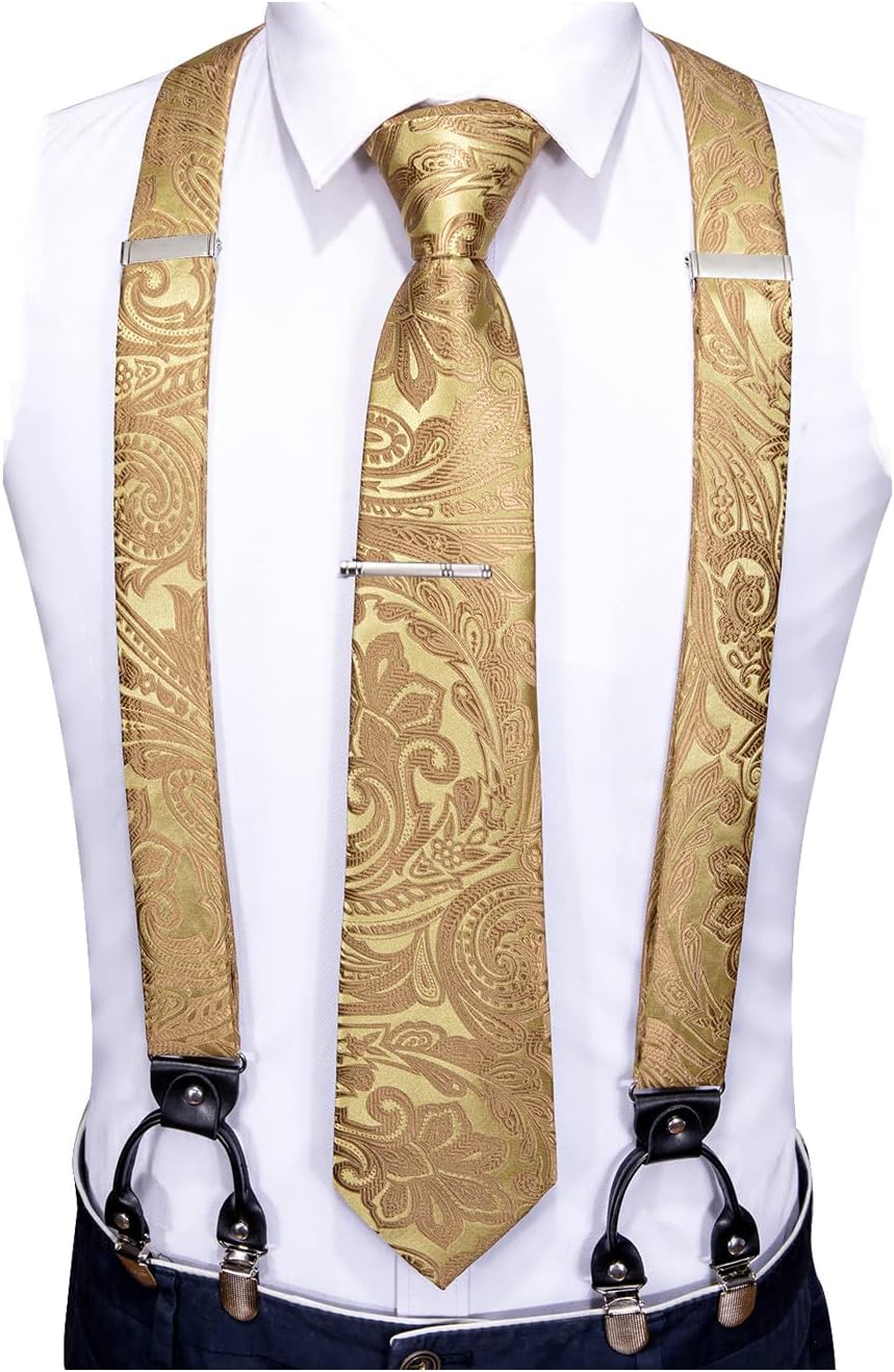 Barry.Wang Men Suspender Tie Sets Elastic Heavy 6 Clips Hanky Cufflink 5PCS