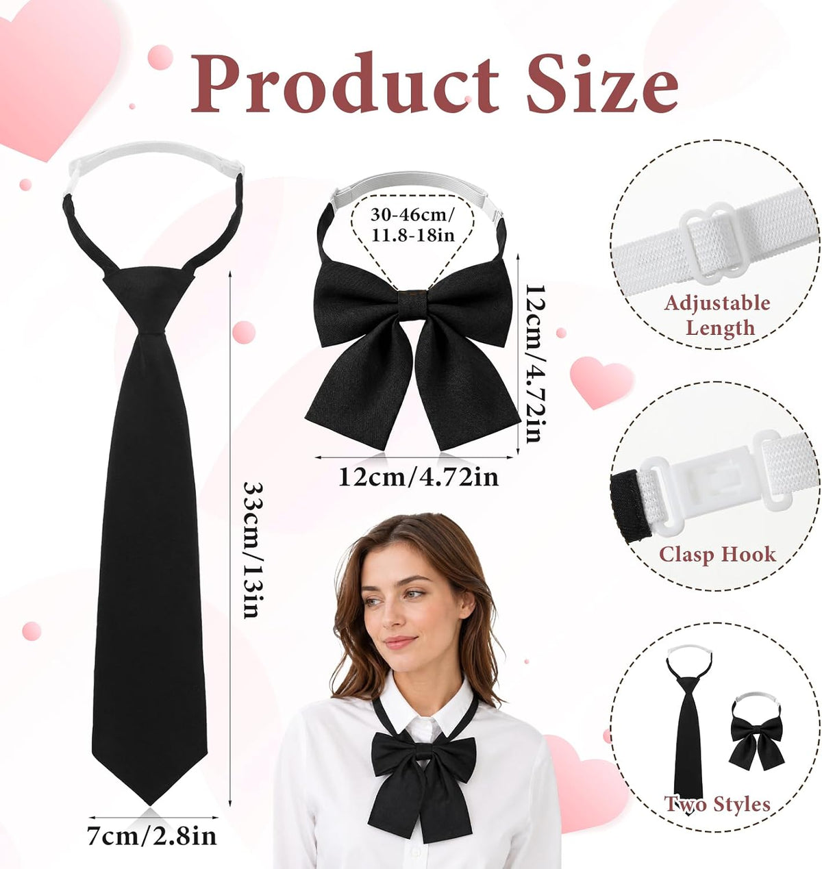 Xthrotsenk 2 PCS Bow Tie for Women Black Womens Bow Tie Neck Ties Pre-tied Adjustable Bowties for Woman Accessories Shirt Formal Attire