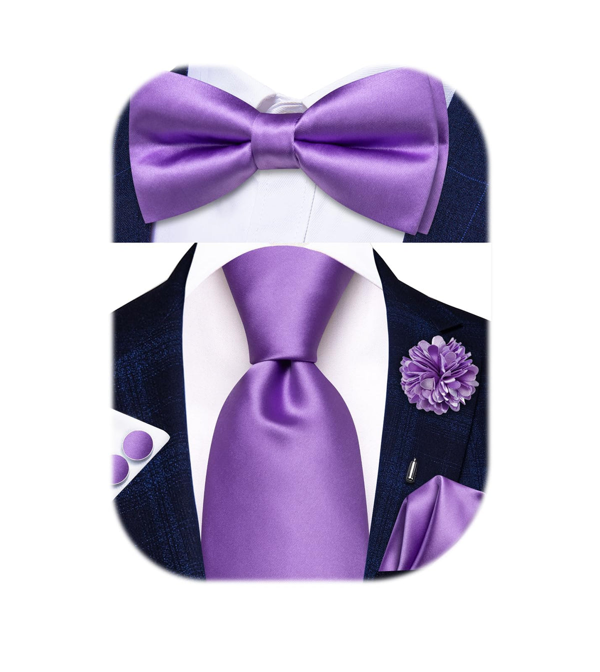5Pcs Mens Solid Tie Satin Bowtie Lapel Pin Handkerchief Cufflink