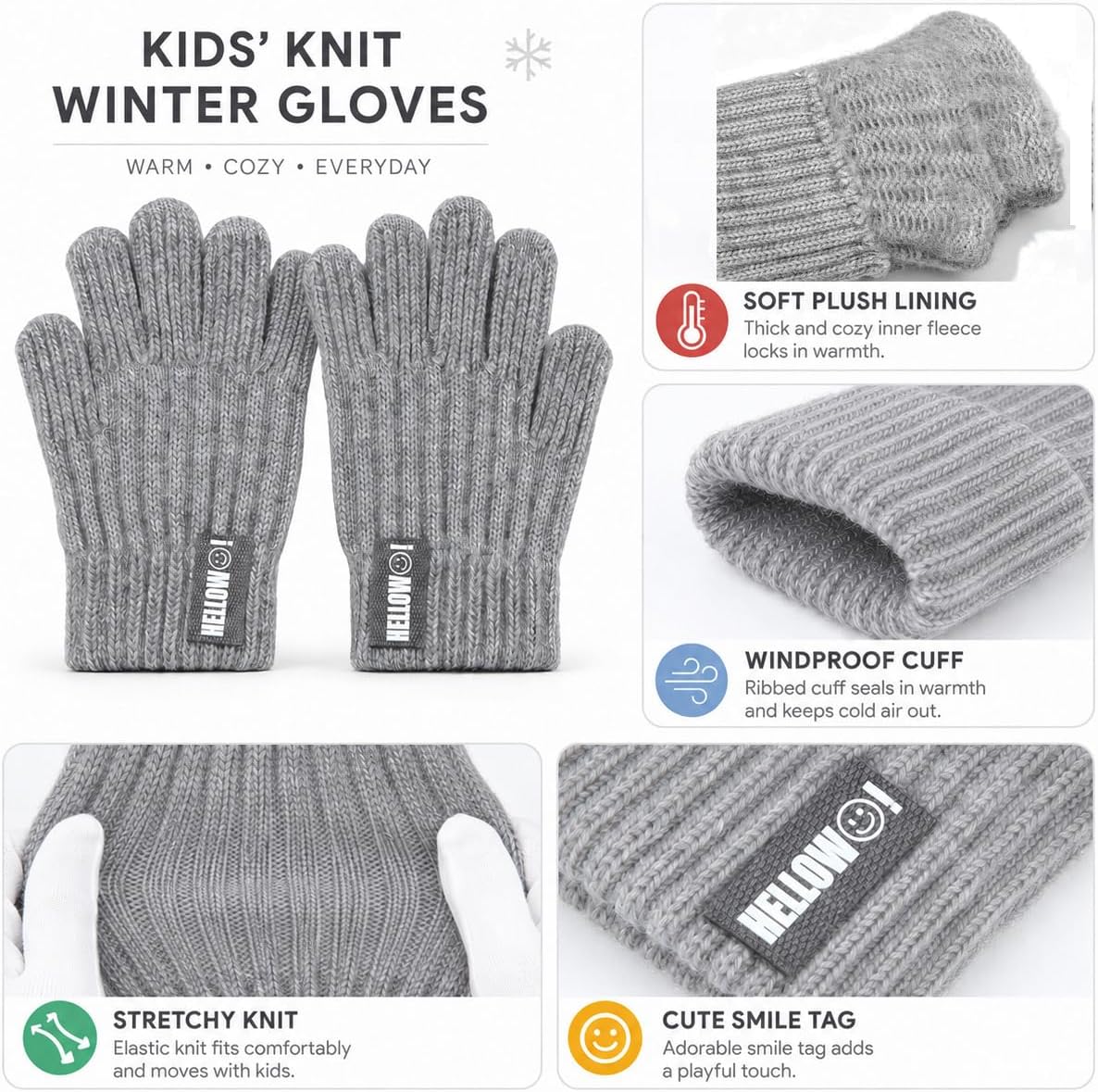 Kids Winter-Knit-Gloves Boys-Girls Warm-Cable Cold-Weather-Gloves