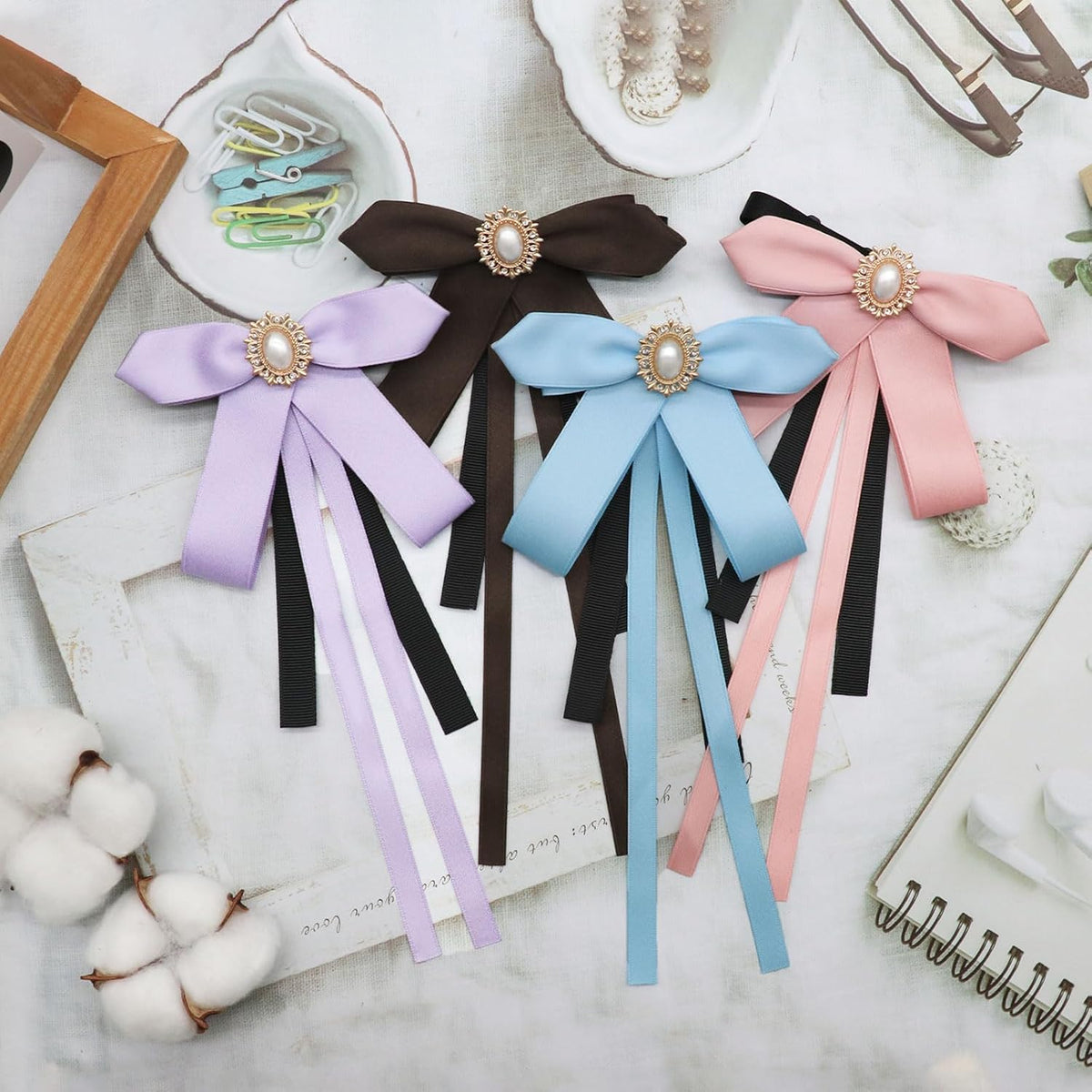 Mantieqingway Bow Ties for Women, Ribbon Uniform Pre-Tied Adjustable Bowknot Womens Bowtie for Party School Pearl Accessories