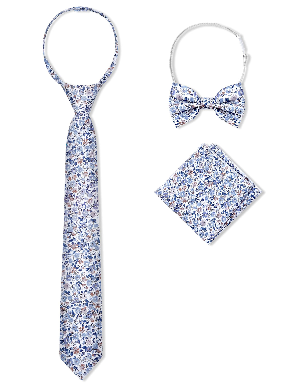 Boys Pre-tied Zipper Tie Elastic Strap Bowtie and Pocket Square 3-piece For Age 1-16 Years With Gift Box