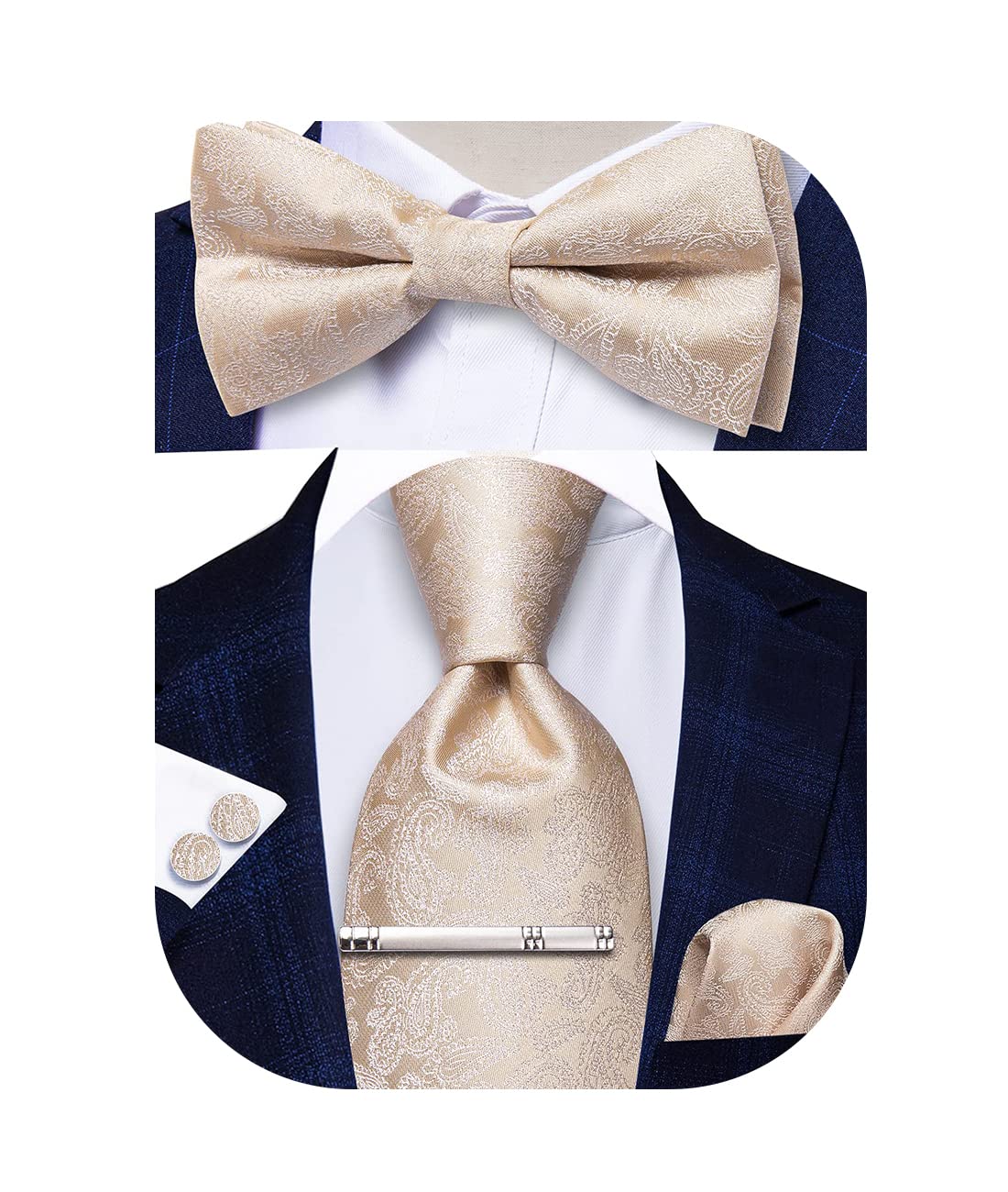 5Pcs Mens Solid Tie Satin Bowtie Lapel Pin Handkerchief Cufflink