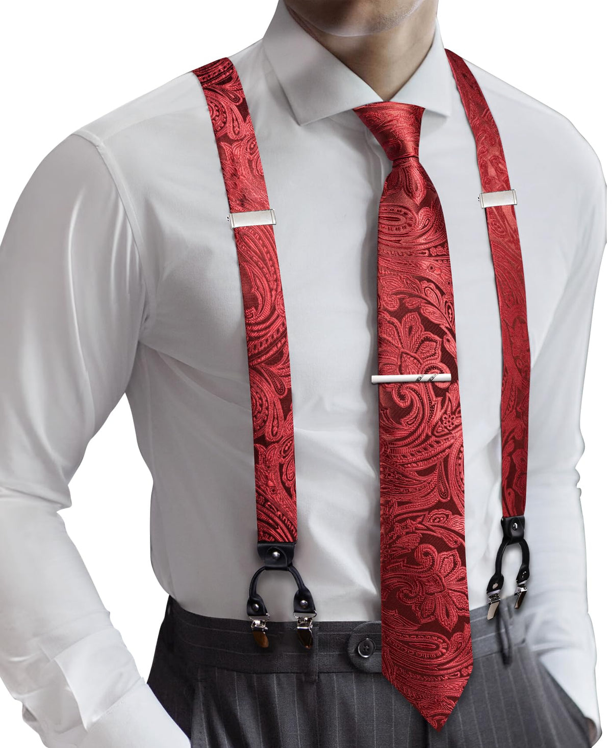 Barry.Wang Men Suspender Tie Sets Elastic Heavy 6 Clips Hanky Cufflink 5PCS