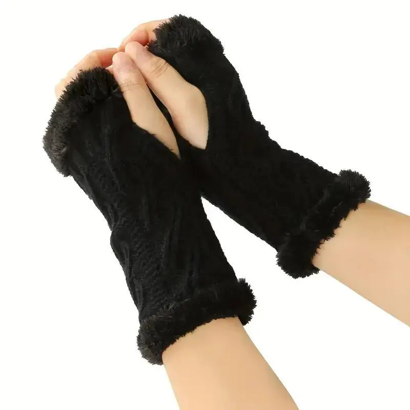 Thickened Fleece Gloves, Rhombus Short Knit Fingerless Mitts, Winter Fall Warm Gloves, Christmas Gift for Boys Girls