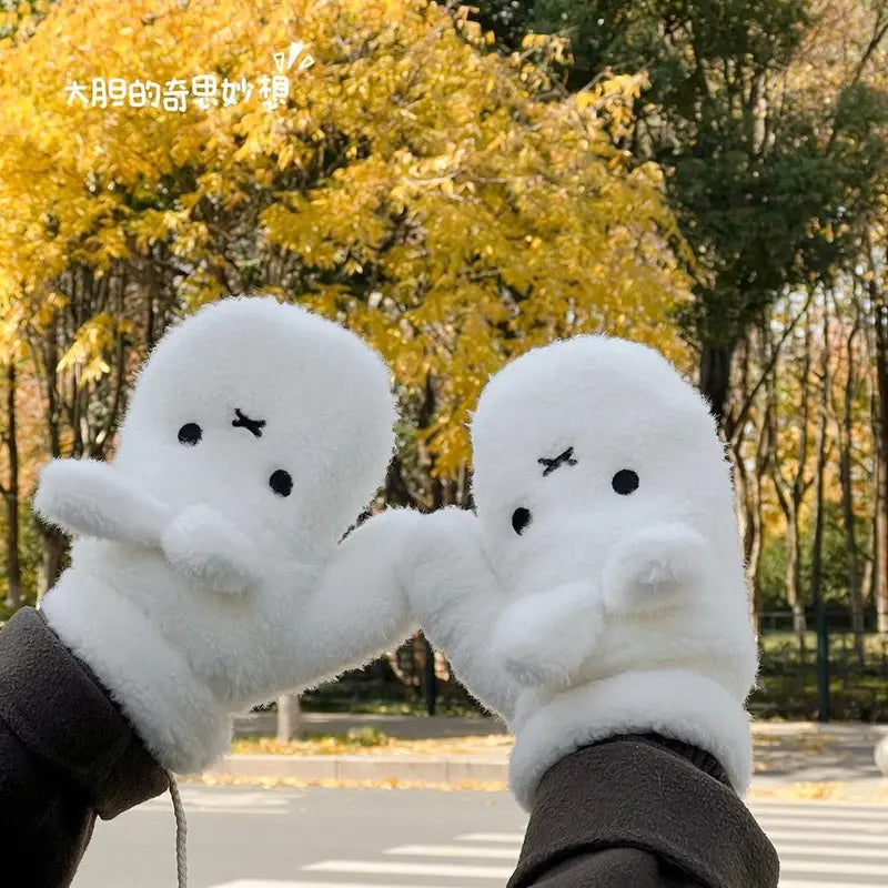 Kawaii Miffy Plush Mittens Cute Rabbit Warm Gloves Thicken Fuzzy Detachable Rope Anti-Lost Strap Winter Outdoor Snow Girl Gift