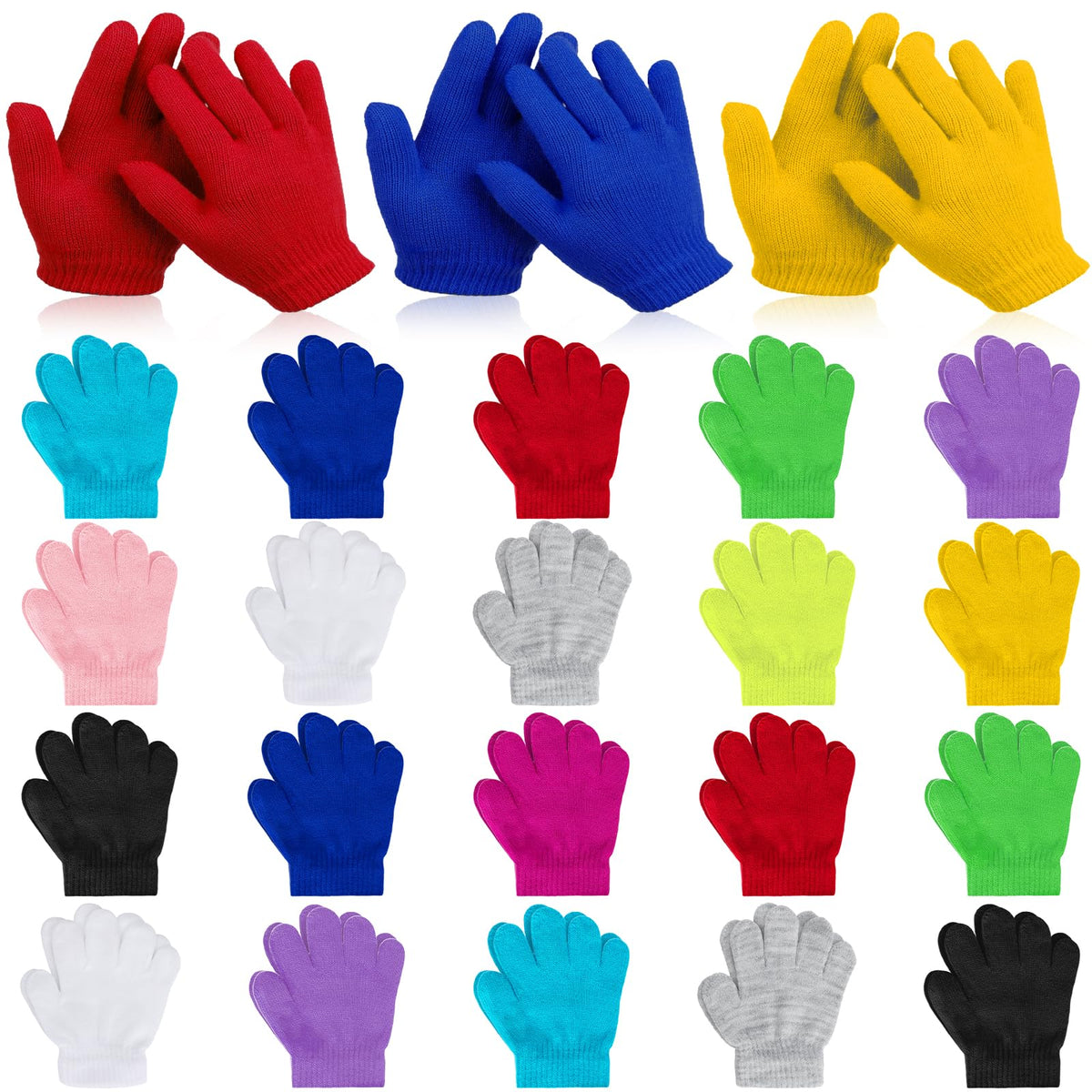 Coopay 12/24/48/100 Pairs Kids Winter Magic Gloves, Stretchy Full Finger Bulk Children Knitted Gloves for Boys Girls Student