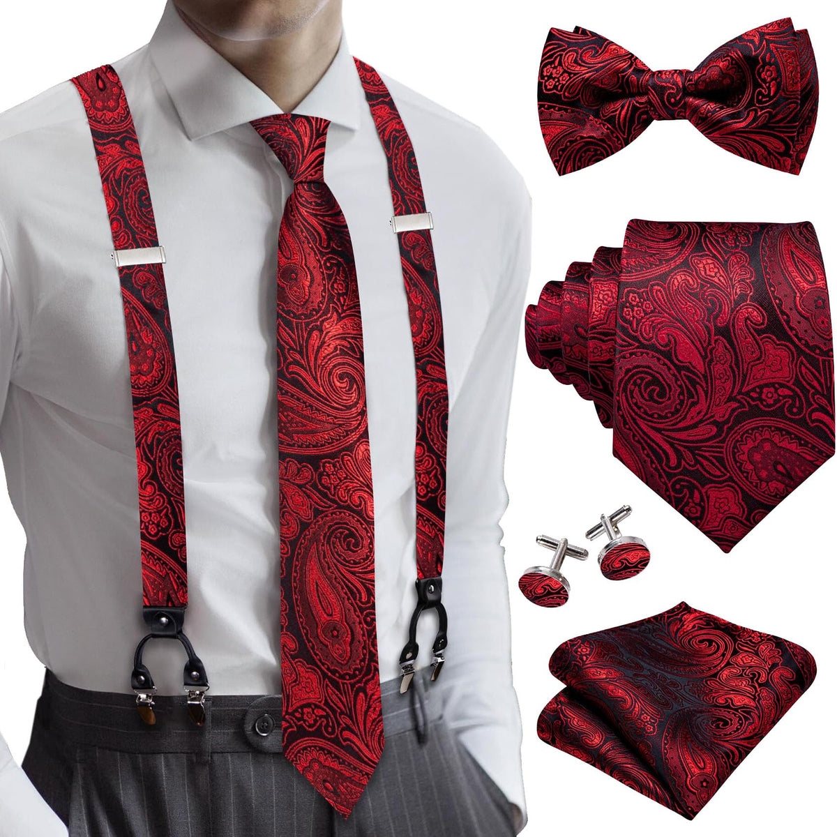 YOHOWA Suspenders for Men Tie Bowtie Set Adjustable Brace Handkerchief Cufflinks Strong Clip Elastic Band Wedding Party