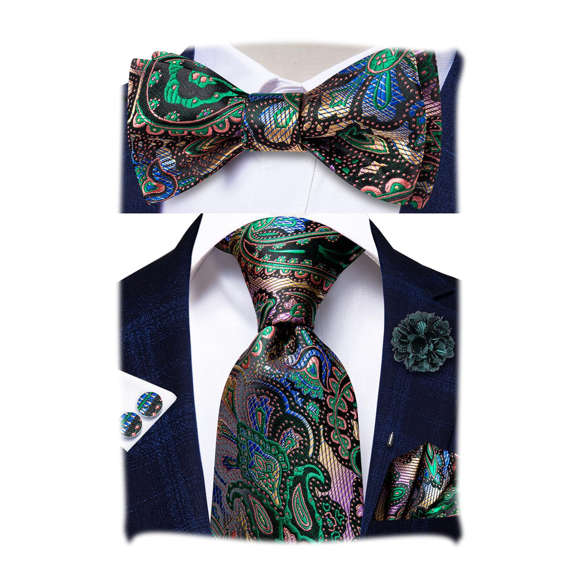 5Pcs Mens Solid Tie Satin Bowtie Lapel Pin Handkerchief Cufflink